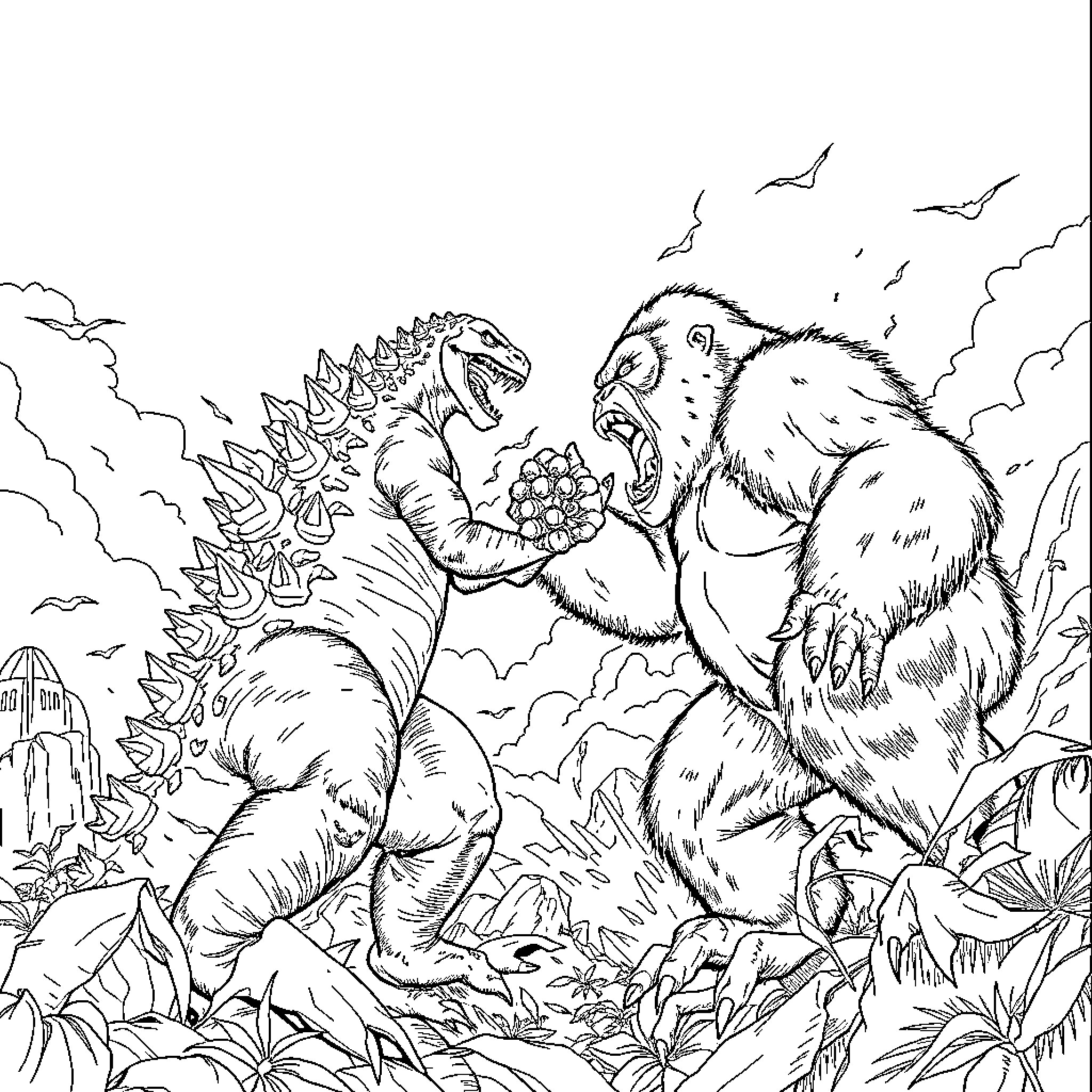 Godzilla vs. Gigantic Ape in Ruined City Coloring Page (free black-and-white line drawing printable PDF for all, from beginners to advanced learners, including children, teens, adults, and seniors)