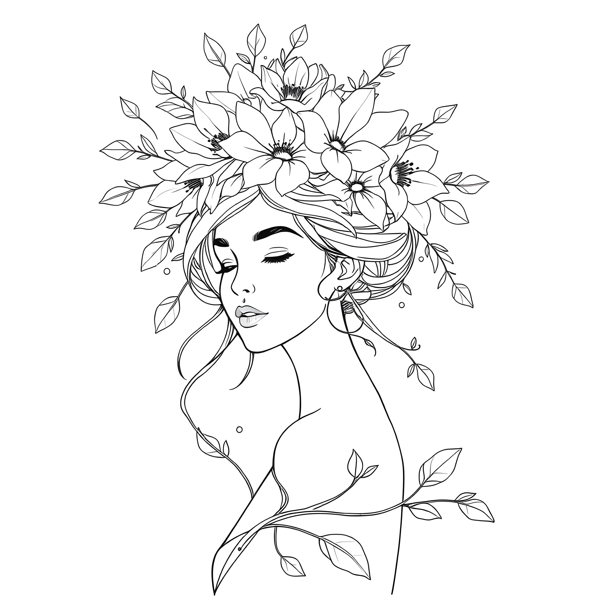 Woman with Floral Crown and Flowing Hair Coloring Page (free black-and-white line drawing printable PDF for all, from beginners to advanced learners, including children, teens, adults, and seniors)