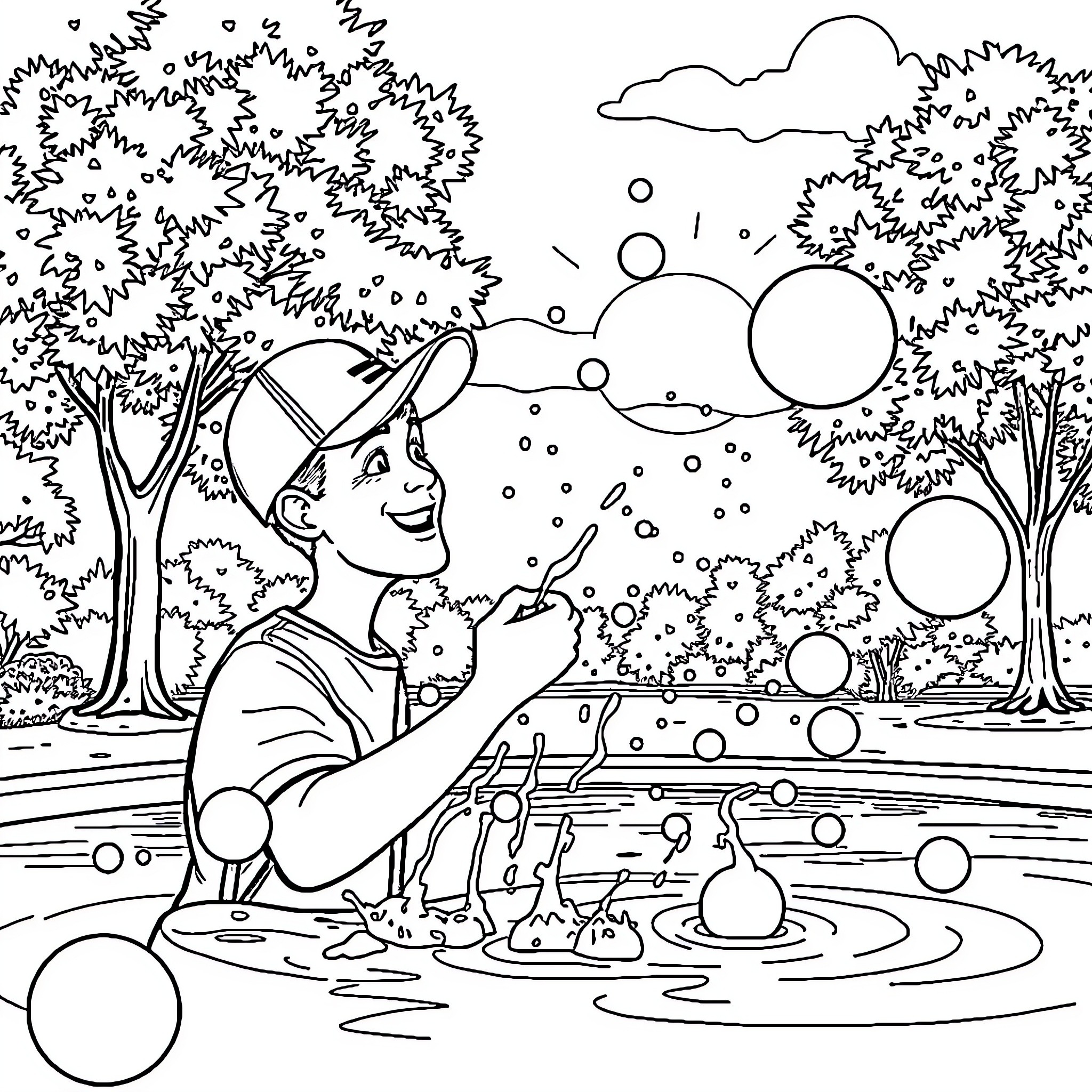 Cap playing with bubbles in the forest Coloring Page (free black-and-white line drawing printable PDF for all, from beginners to advanced learners, including children, teens, adults, and seniors)