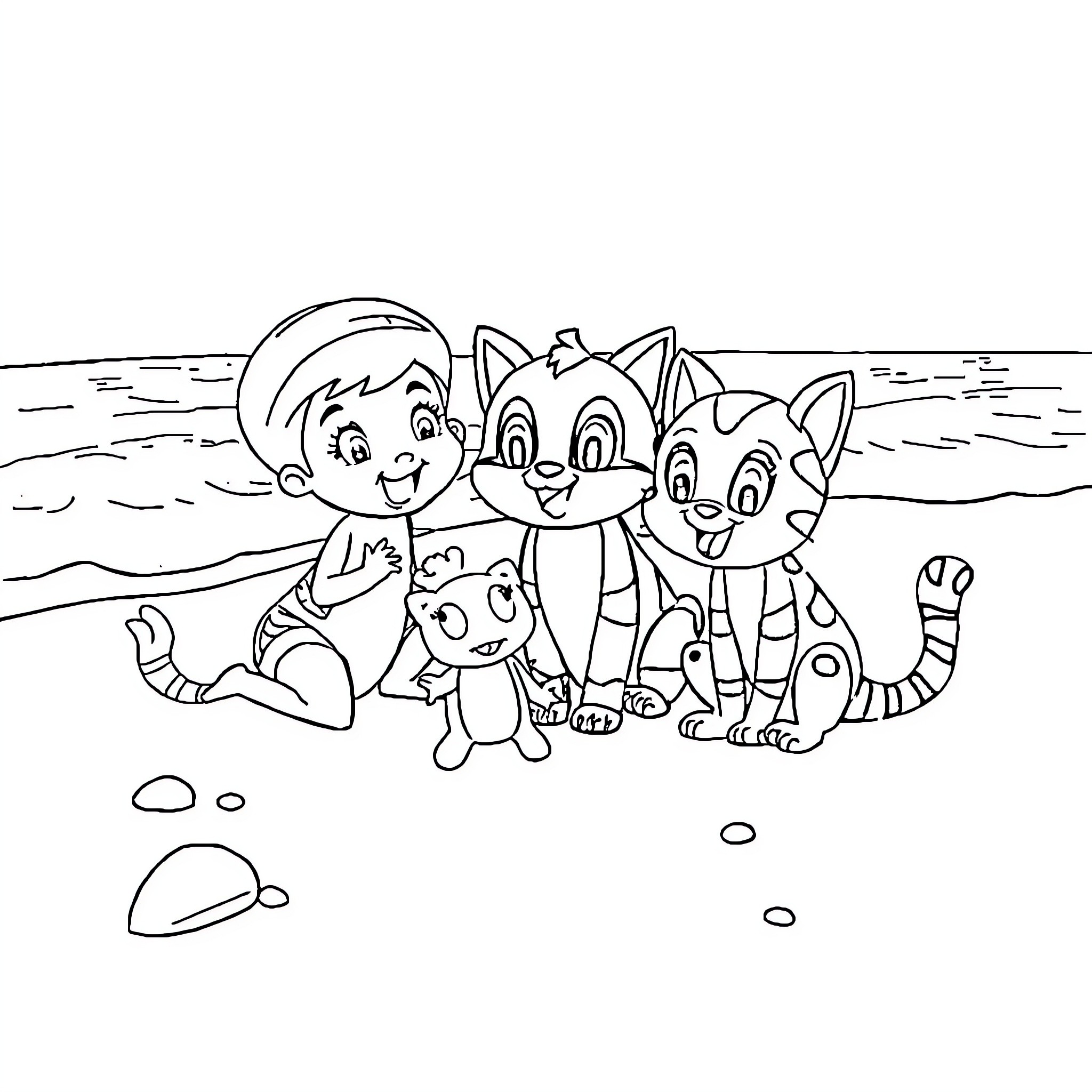 Gabby playing happily with pets on the beach Coloring Page (free black-and-white line drawing printable PDF for all, from beginners to advanced learners, including children, teens, adults, and seniors)