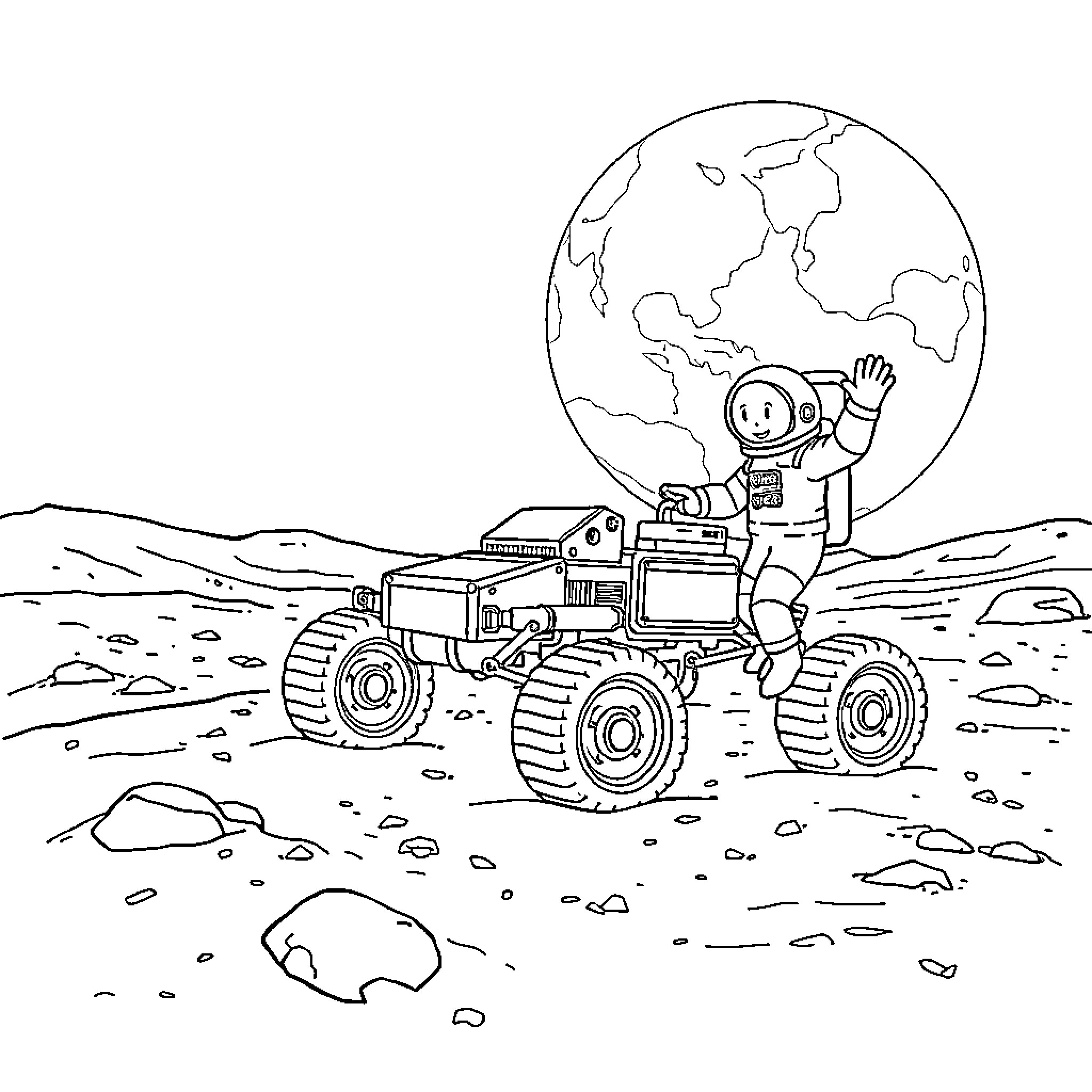 Lunar Rover Exploring the Lunar Surface Coloring Page (free black-and-white line drawing printable PDF for all, from beginners to advanced learners, including children, teens, adults, and seniors)