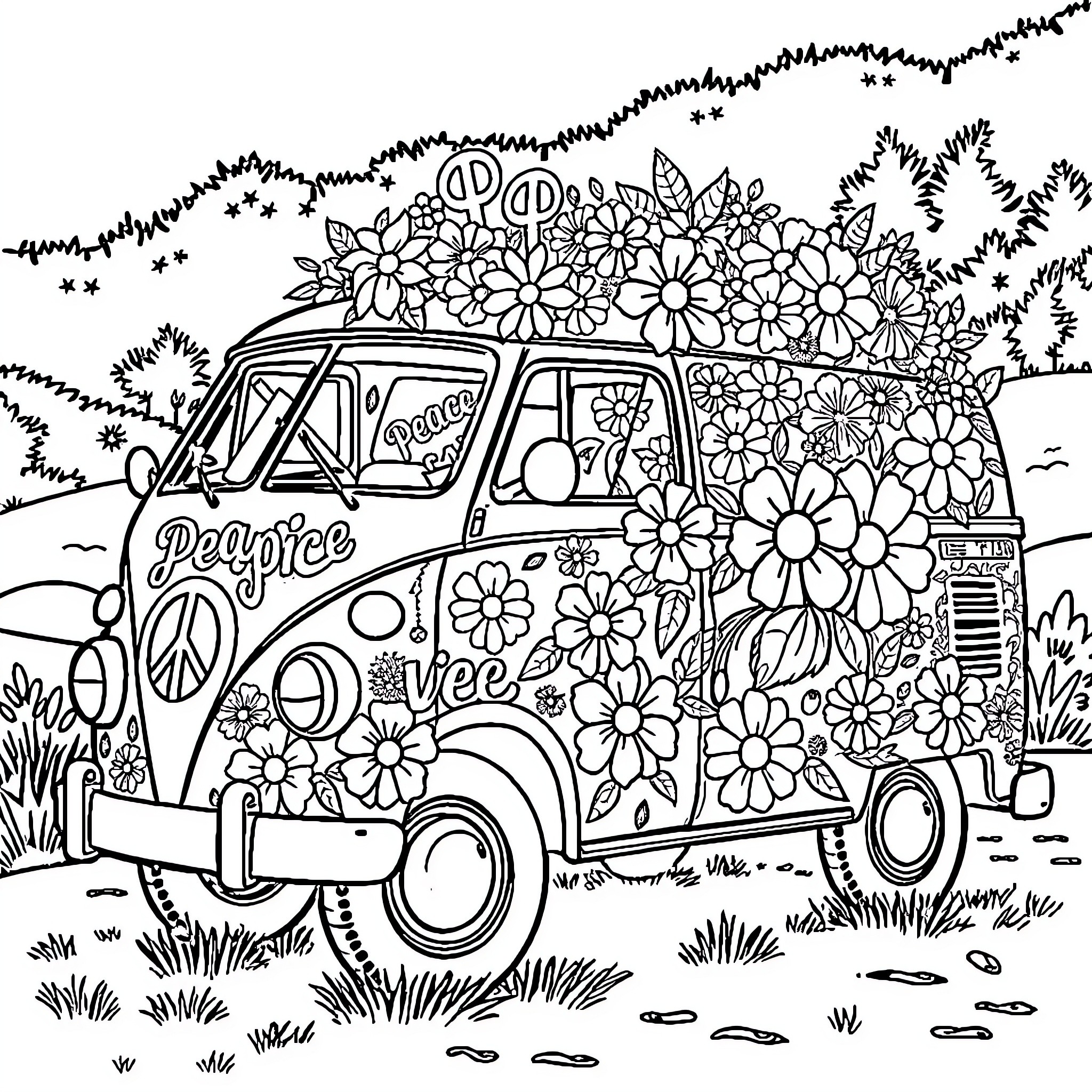 Hippie van filled with colorful flowers and peace signs Coloring Page (free black-and-white line drawing printable PDF for all, from beginners to advanced learners, including children, teens, adults, and seniors)