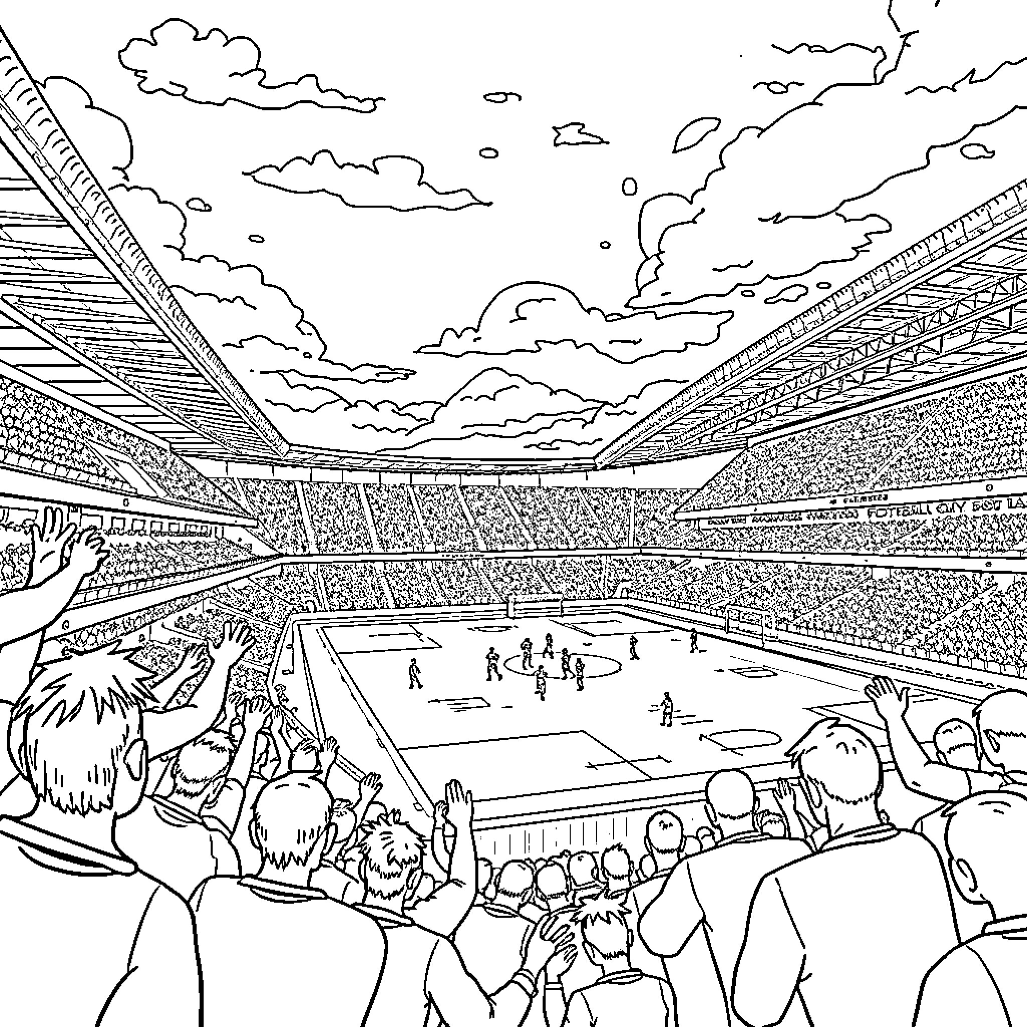 Norwich City Football Stadium Filled with Cheering Fans Coloring Page (free black-and-white line drawing printable PDF for all, from beginners to advanced learners, including children, teens, adults, and seniors)