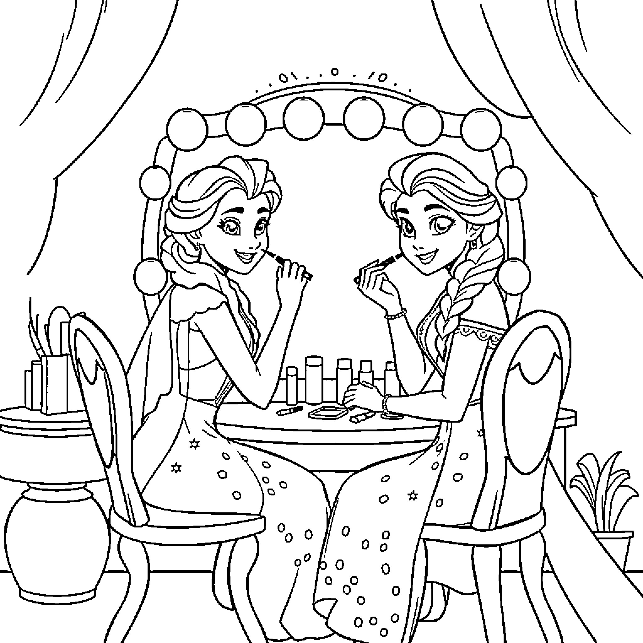 Elsa and Anna Enjoying a Conversation Coloring Page (free black-and-white line drawing printable PDF for all, from beginners to advanced learners, including children, teens, adults, and seniors)