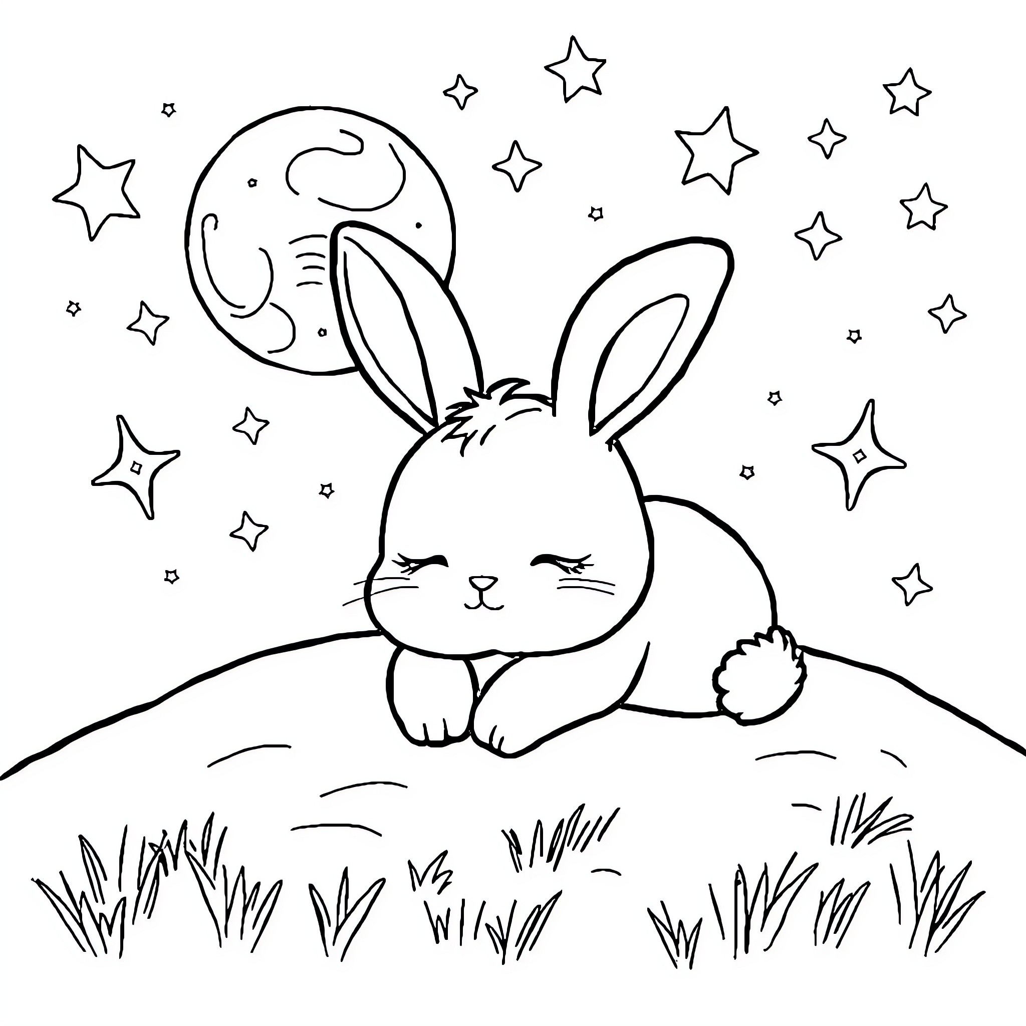 Bunny gazing at the starry night sky Coloring Page (free black-and-white line drawing printable PDF for all, from beginners to advanced learners, including children, teens, adults, and seniors)