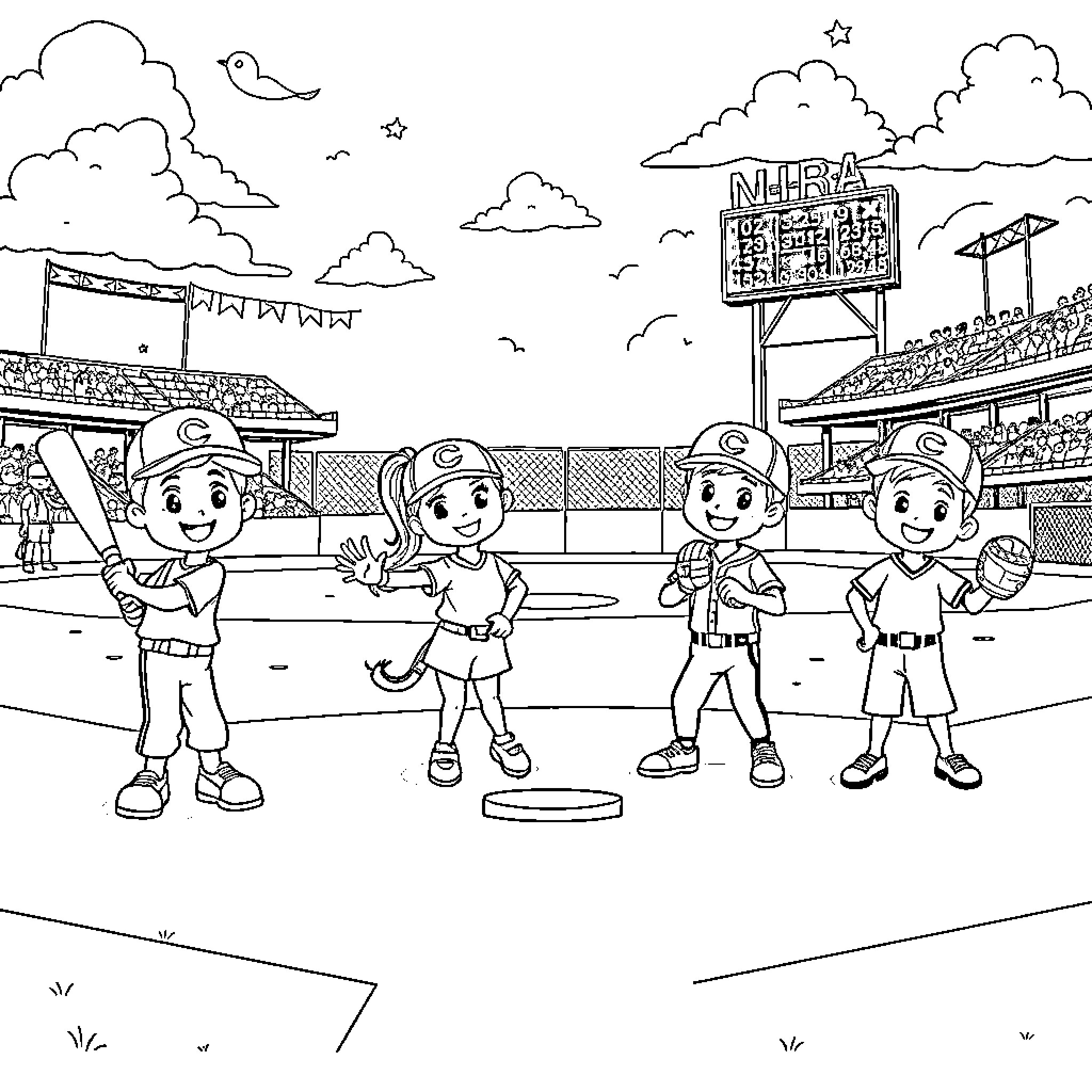Baseball Players in Action on the Field Coloring Page (free black-and-white line drawing printable PDF for all, from beginners to advanced learners, including children, teens, adults, and seniors)