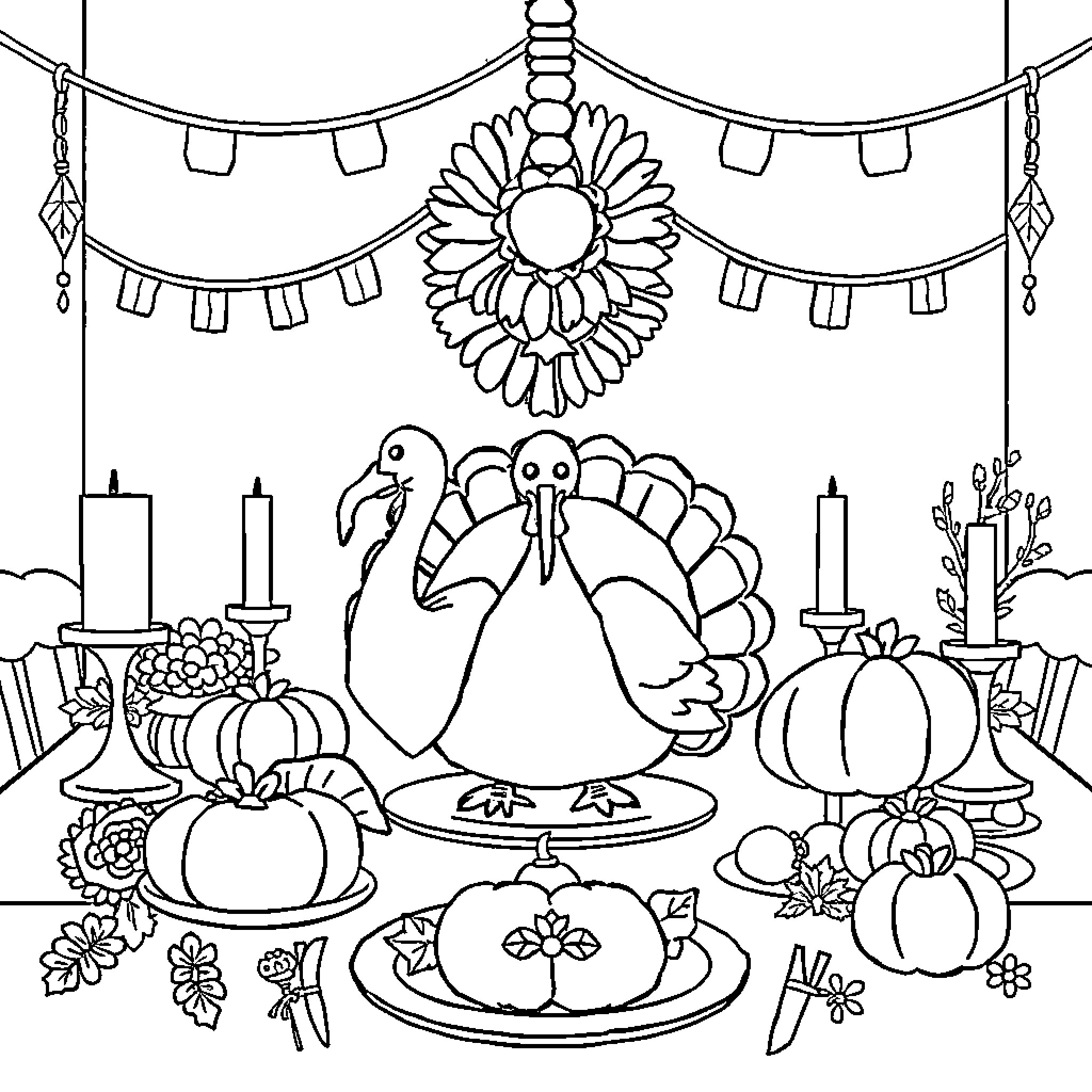 Turkey Thanksgiving Celebration with Decorations and Dishes Coloring Page (free black-and-white line drawing printable PDF for all, from beginners to advanced learners, including children, teens, adults, and seniors)