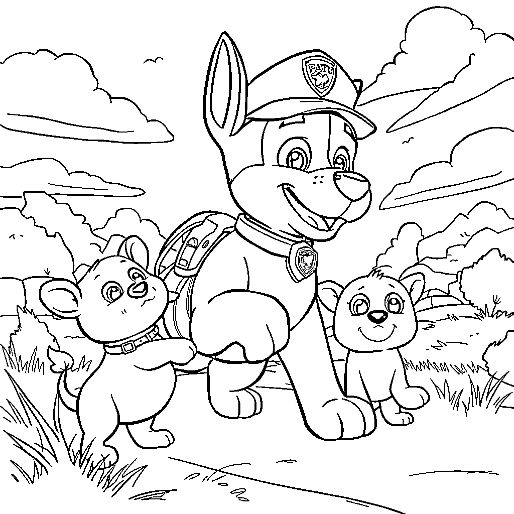 Chase the Pups on Patrol in the Countryside Coloring Page (free black-and-white line drawing printable PDF for all, from beginners to advanced learners, including children, teens, adults, and seniors)