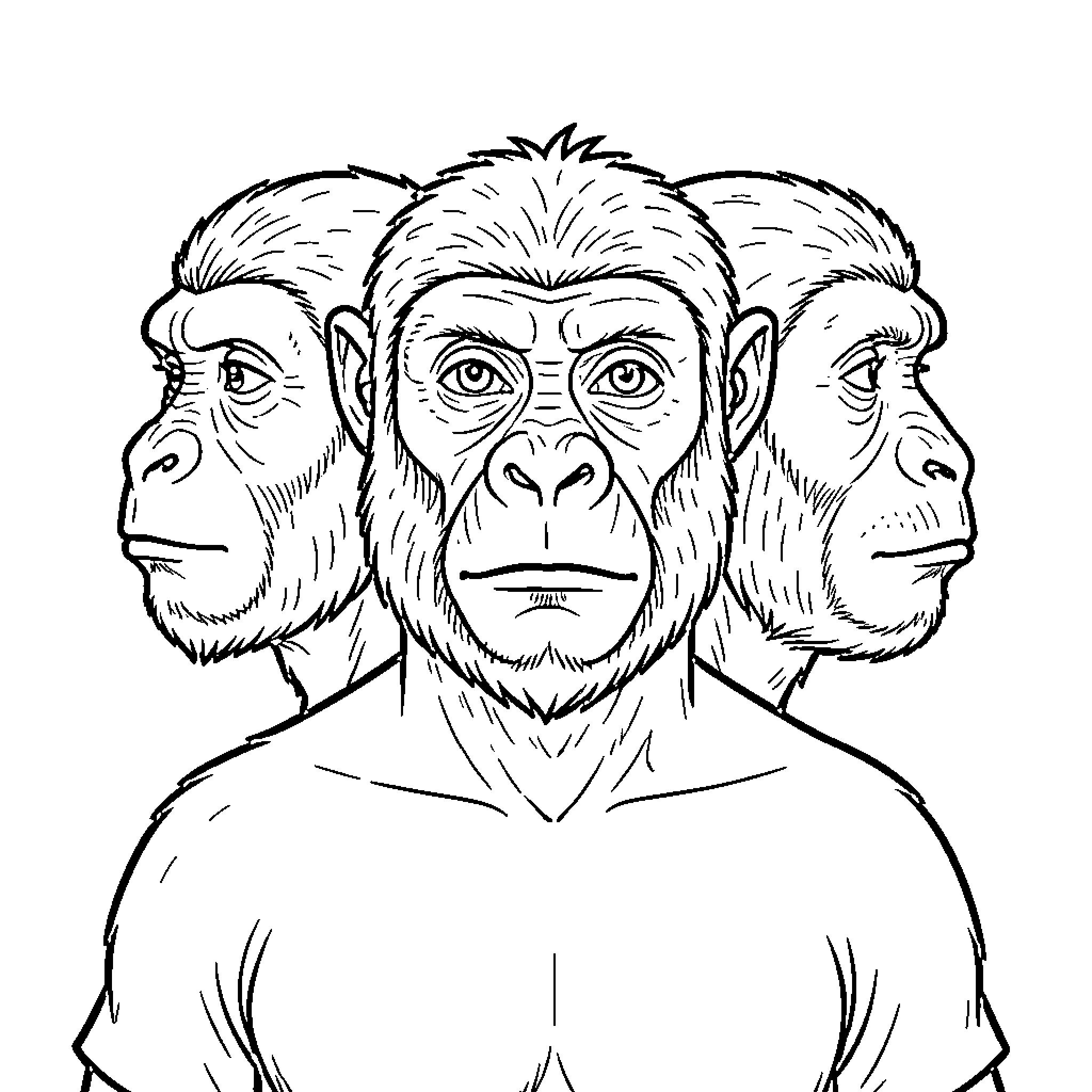 Mono depiction of three chimpanzee heads looking in different directions Coloring Page (free black-and-white line drawing printable PDF for all, from beginners to advanced learners, including children, teens, adults, and seniors)
