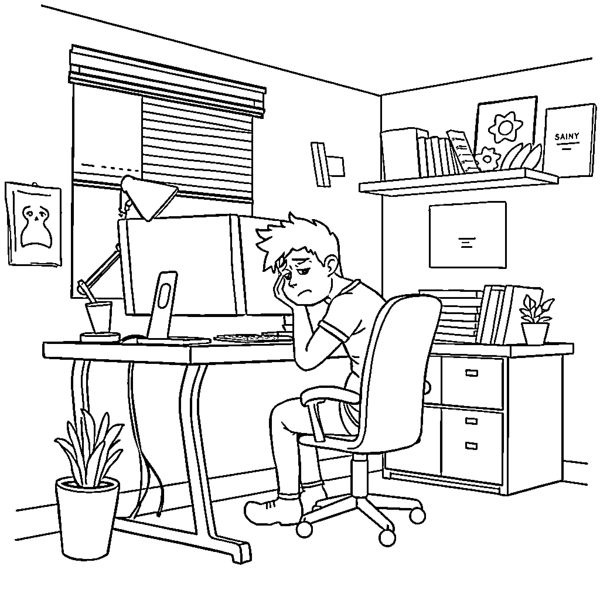Graphic Designer working diligently at computer desk Coloring Page (free black-and-white line drawing printable PDF for all, from beginners to advanced learners, including children, teens, adults, and seniors)
