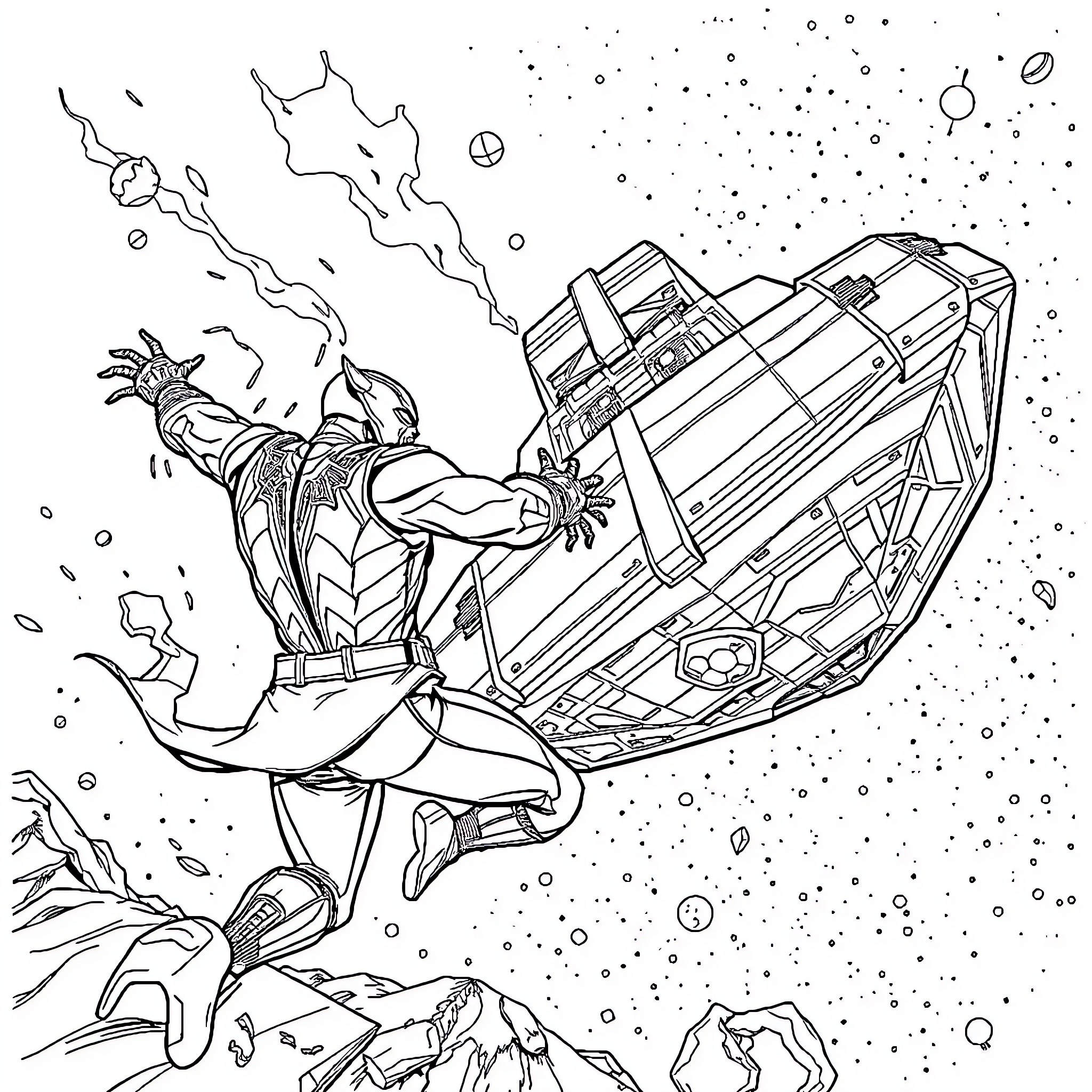 Panther-like superhero soaring through cosmic space Coloring Page (free black-and-white line drawing printable PDF for all, from beginners to advanced learners, including children, teens, adults, and seniors)