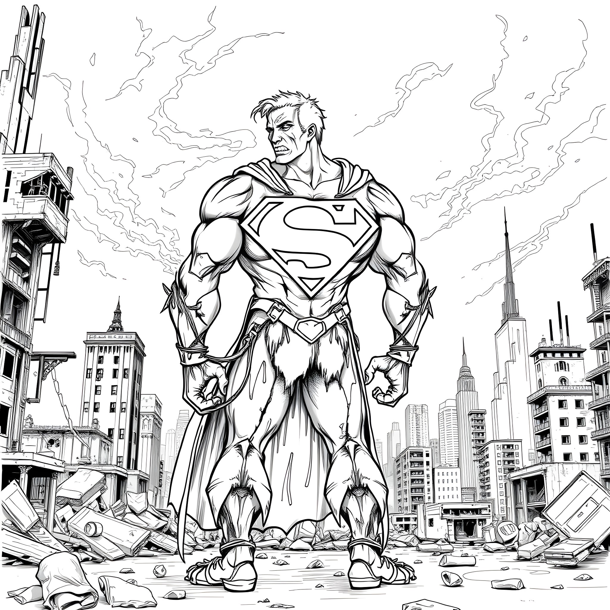 Bizzarro Superman Rises from the Rubble Coloring Page (free black-and-white line drawing printable PDF for all, from beginners to advanced learners, including children, teens, adults, and seniors)