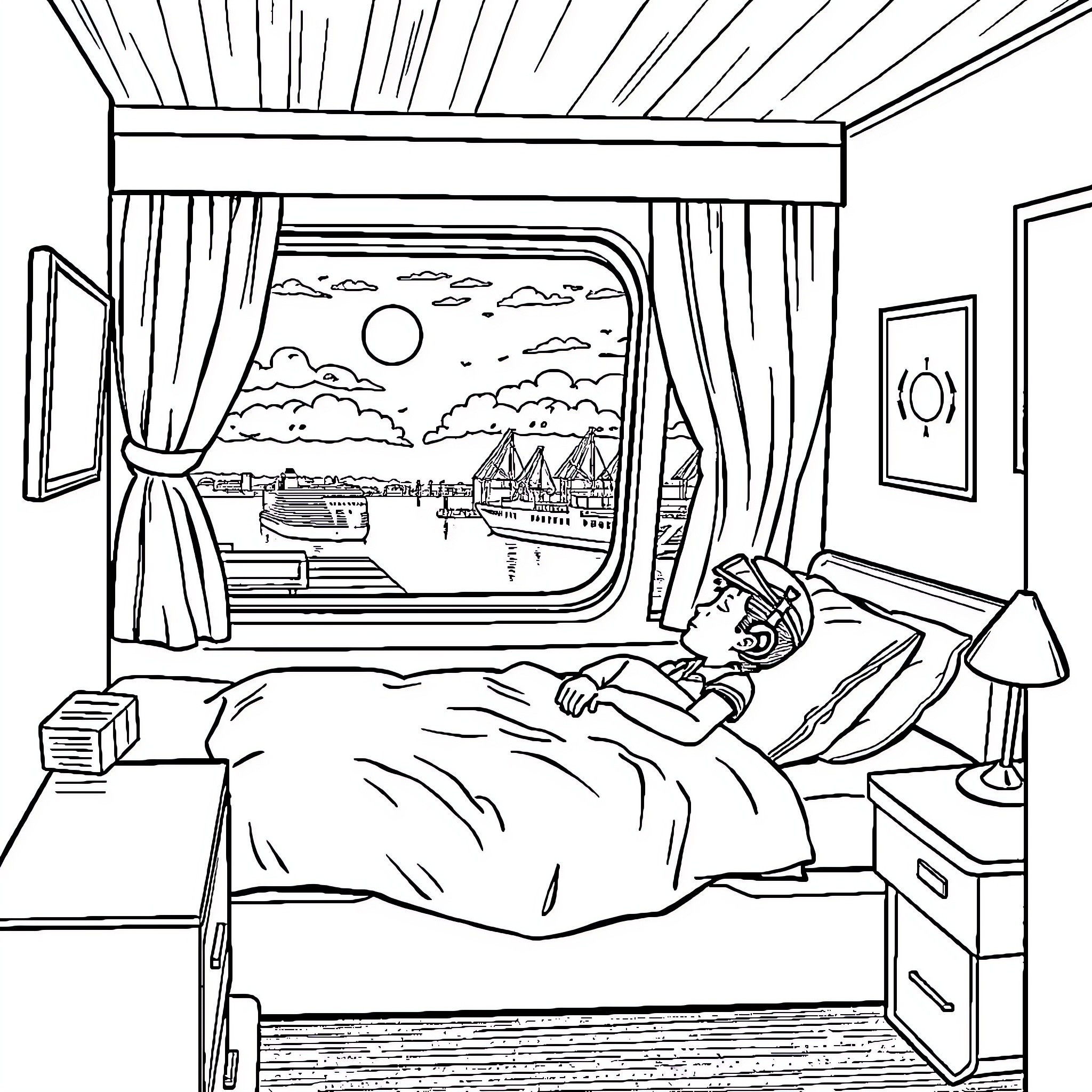 Pilot resting in cozy cabin with scenic view Coloring Page (free black-and-white line drawing printable PDF for all, from beginners to advanced learners, including children, teens, adults, and seniors)