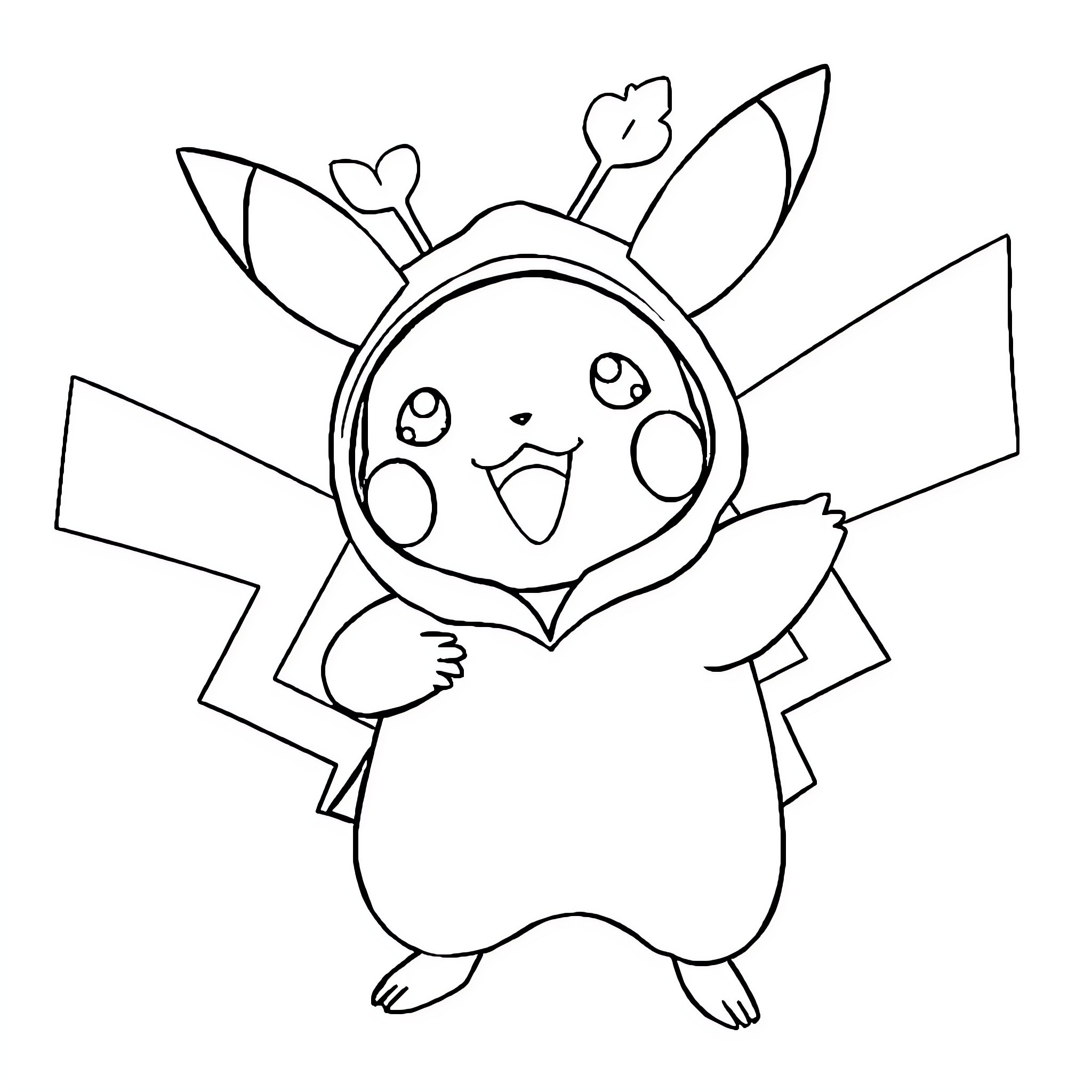 Pikachu in a playful pose Coloring Page (free black-and-white line drawing printable PDF for all, from beginners to advanced learners, including children, teens, adults, and seniors)
