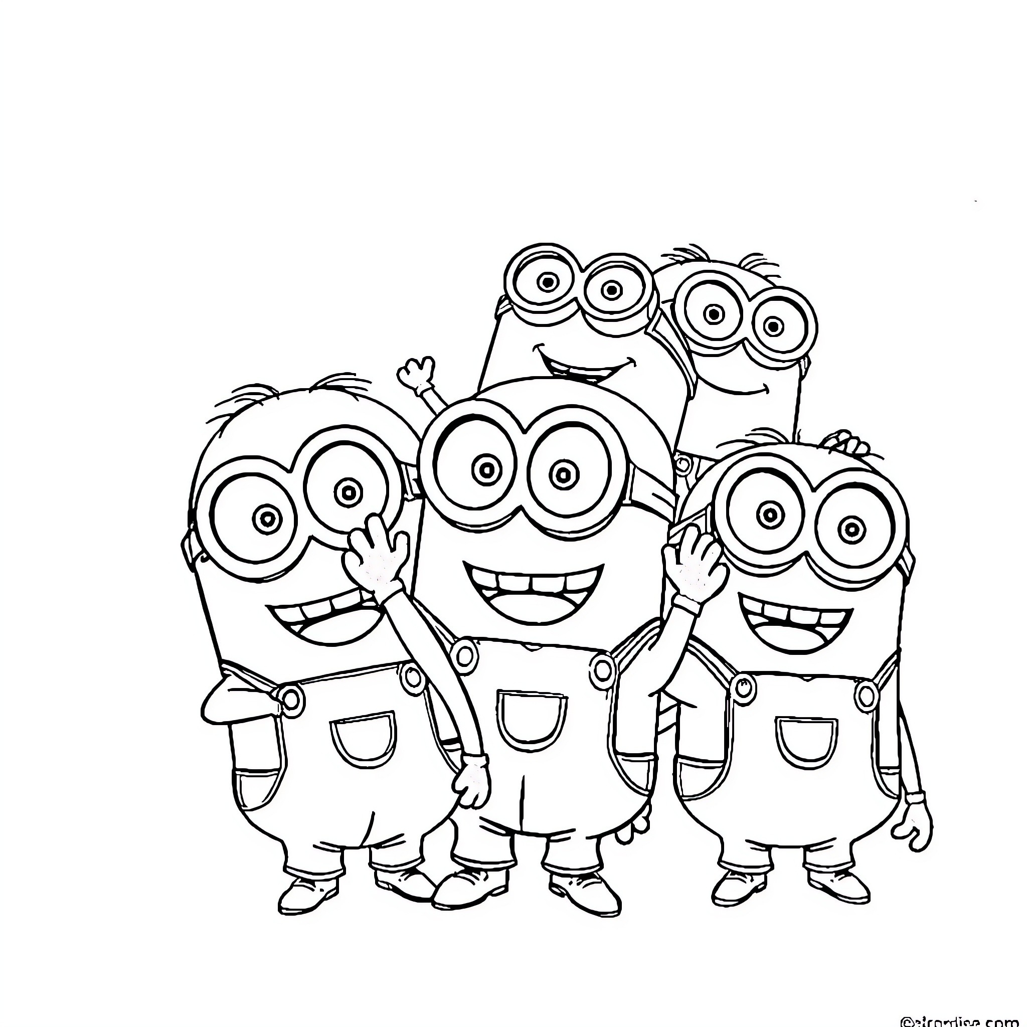 Minions Celebrating with Smiles and Gestures Coloring Page (free black-and-white line drawing printable PDF for all, from beginners to advanced learners, including children, teens, adults, and seniors)