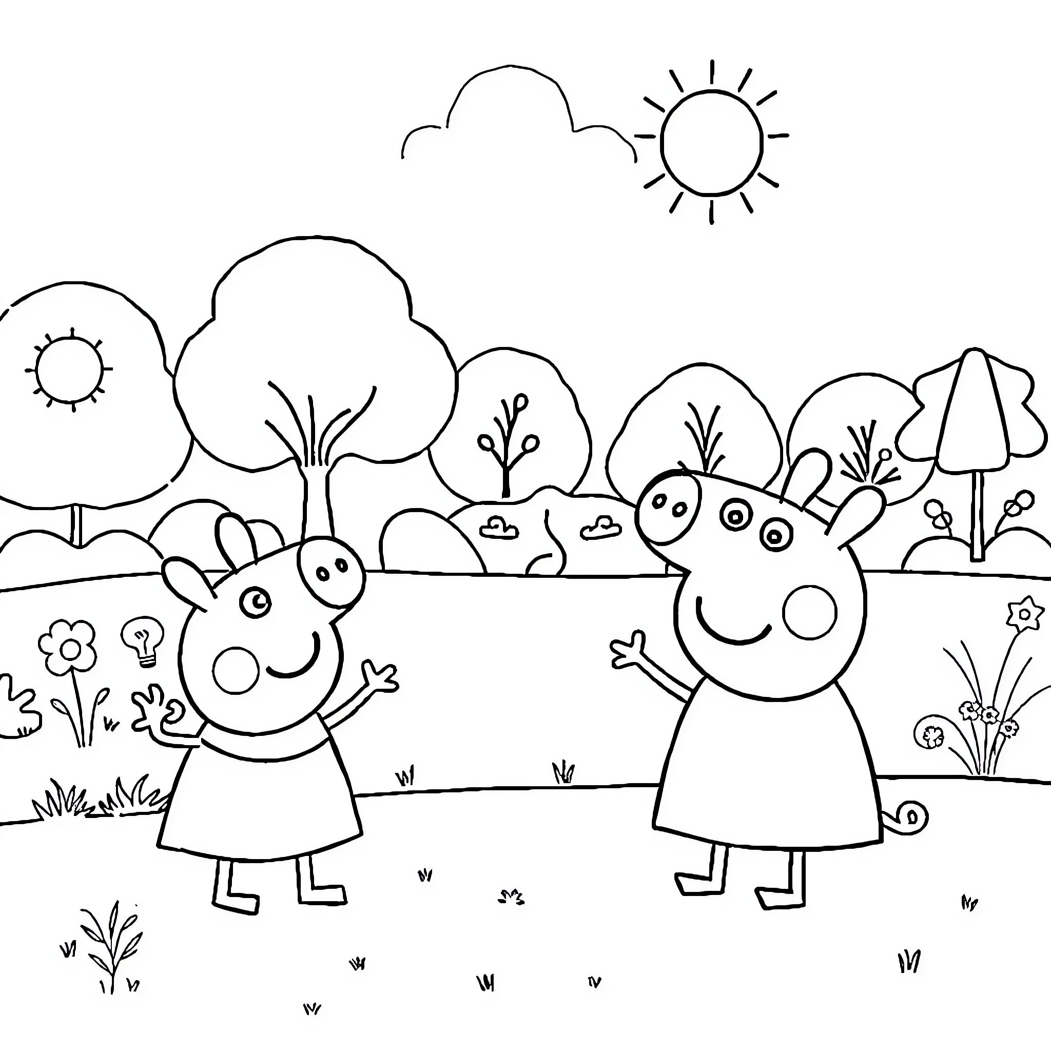 Peppa Pig and friends explore the outdoors Coloring Page (free black-and-white line drawing printable PDF for all, from beginners to advanced learners, including children, teens, adults, and seniors)