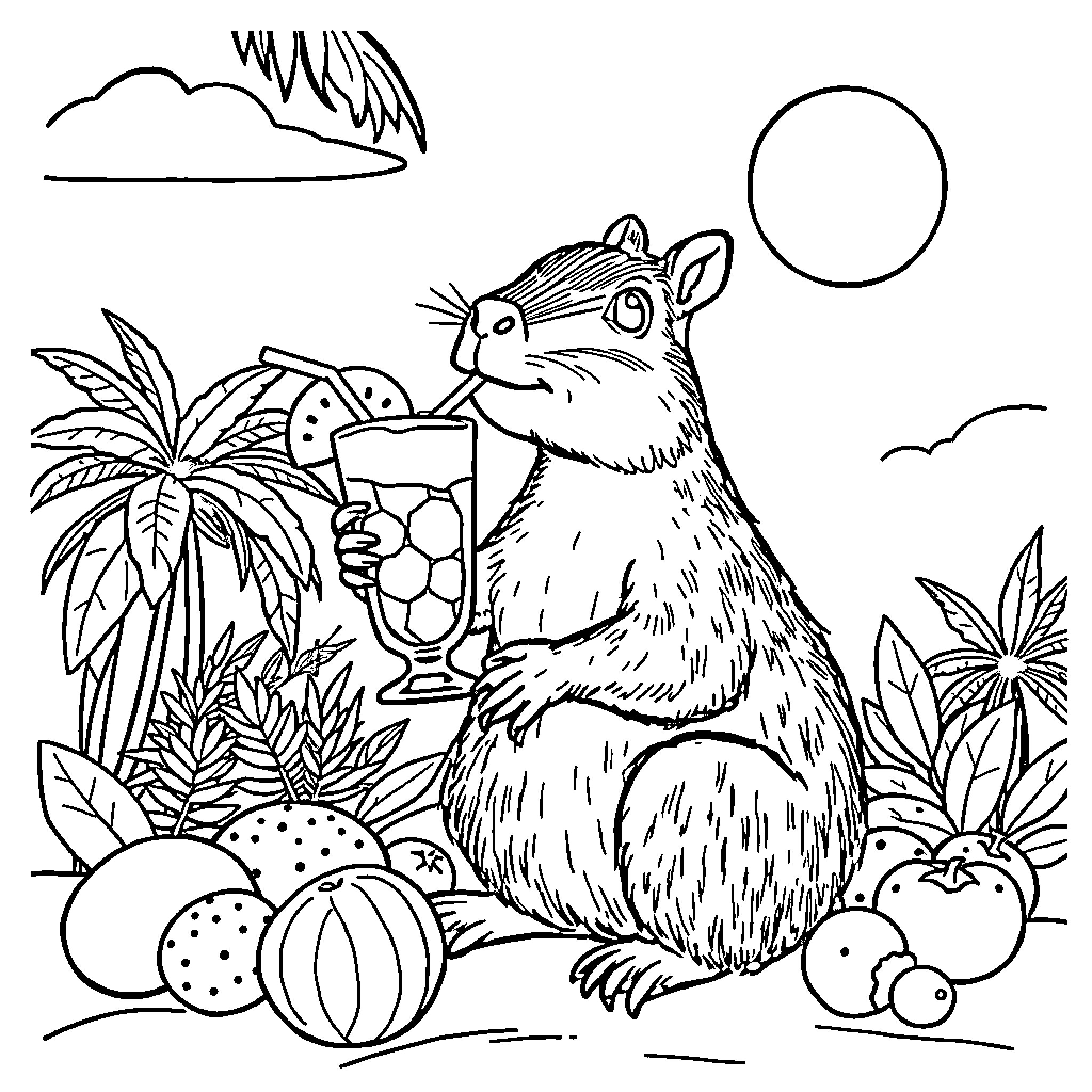Capybara enjoying a tropical drink in the jungle Coloring Page (free black-and-white line drawing printable PDF for all, from beginners to advanced learners, including children, teens, adults, and seniors)