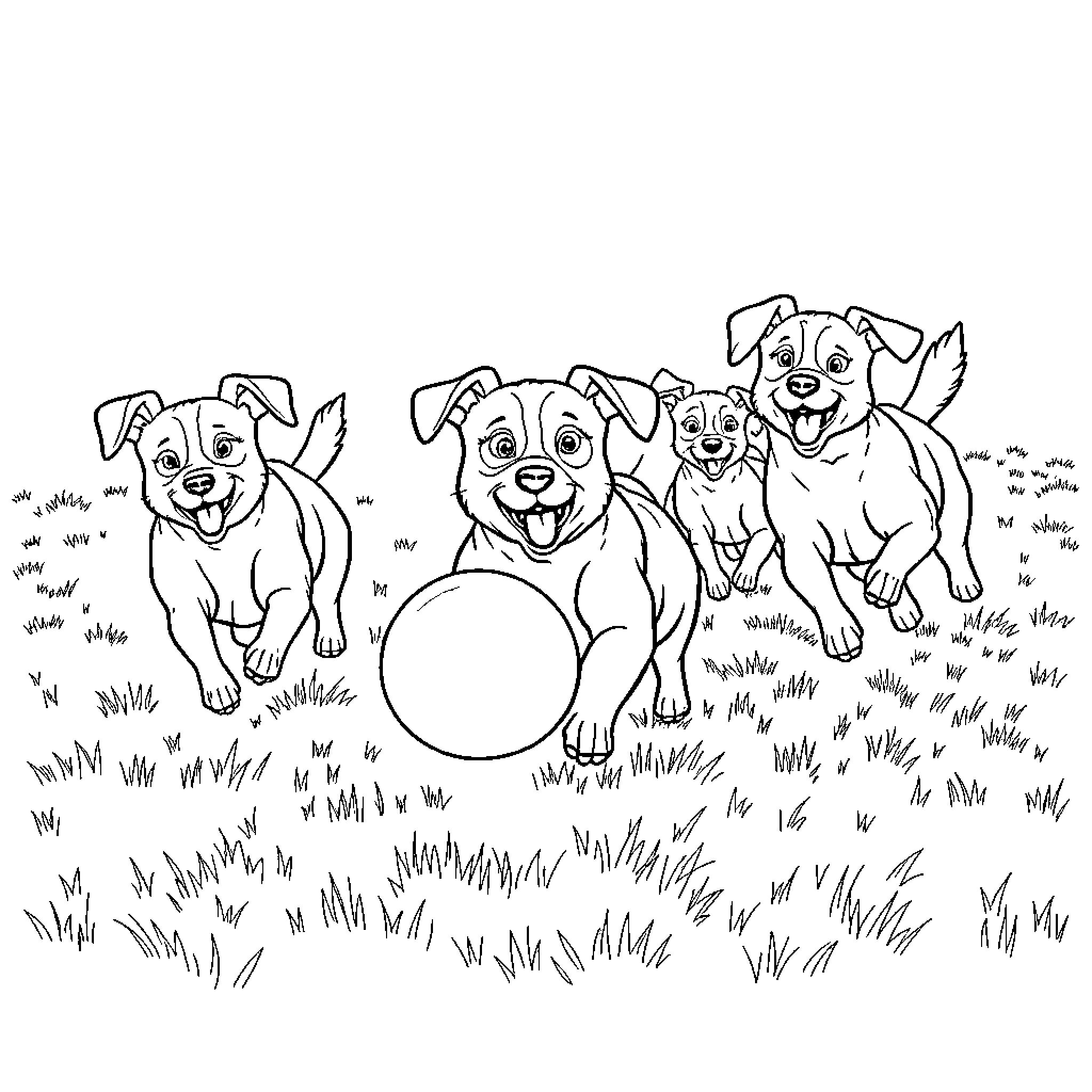 Dog family playing cheerfully outdoors Coloring Page (free black-and-white line drawing printable PDF for all, from beginners to advanced learners, including children, teens, adults, and seniors)