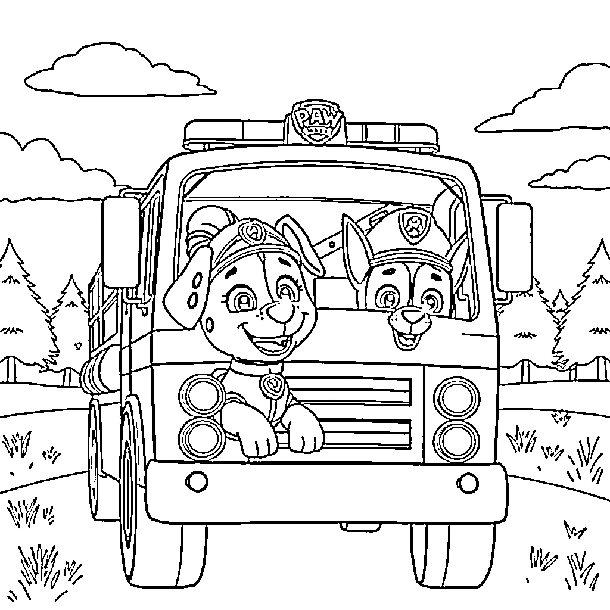 Paw Patrol characters riding in their rescue vehicle Coloring Page (free black-and-white line drawing printable PDF for all, from beginners to advanced learners, including children, teens, adults, and seniors)