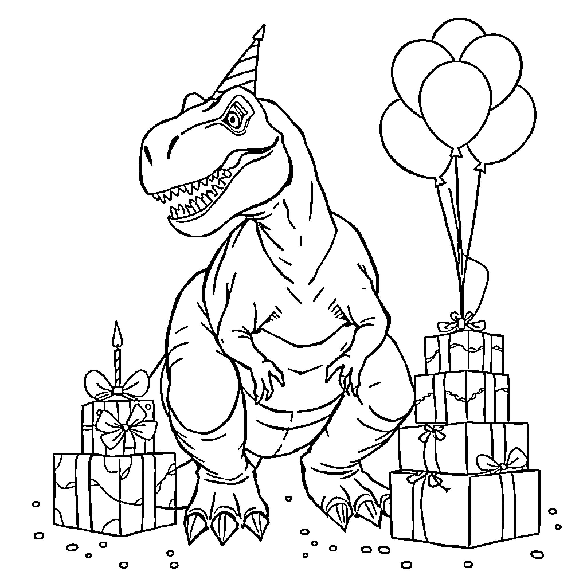 T-Rex enjoying a birthday party with presents and balloons Coloring Page (free black-and-white line drawing printable PDF for all, from beginners to advanced learners, including children, teens, adults, and seniors)