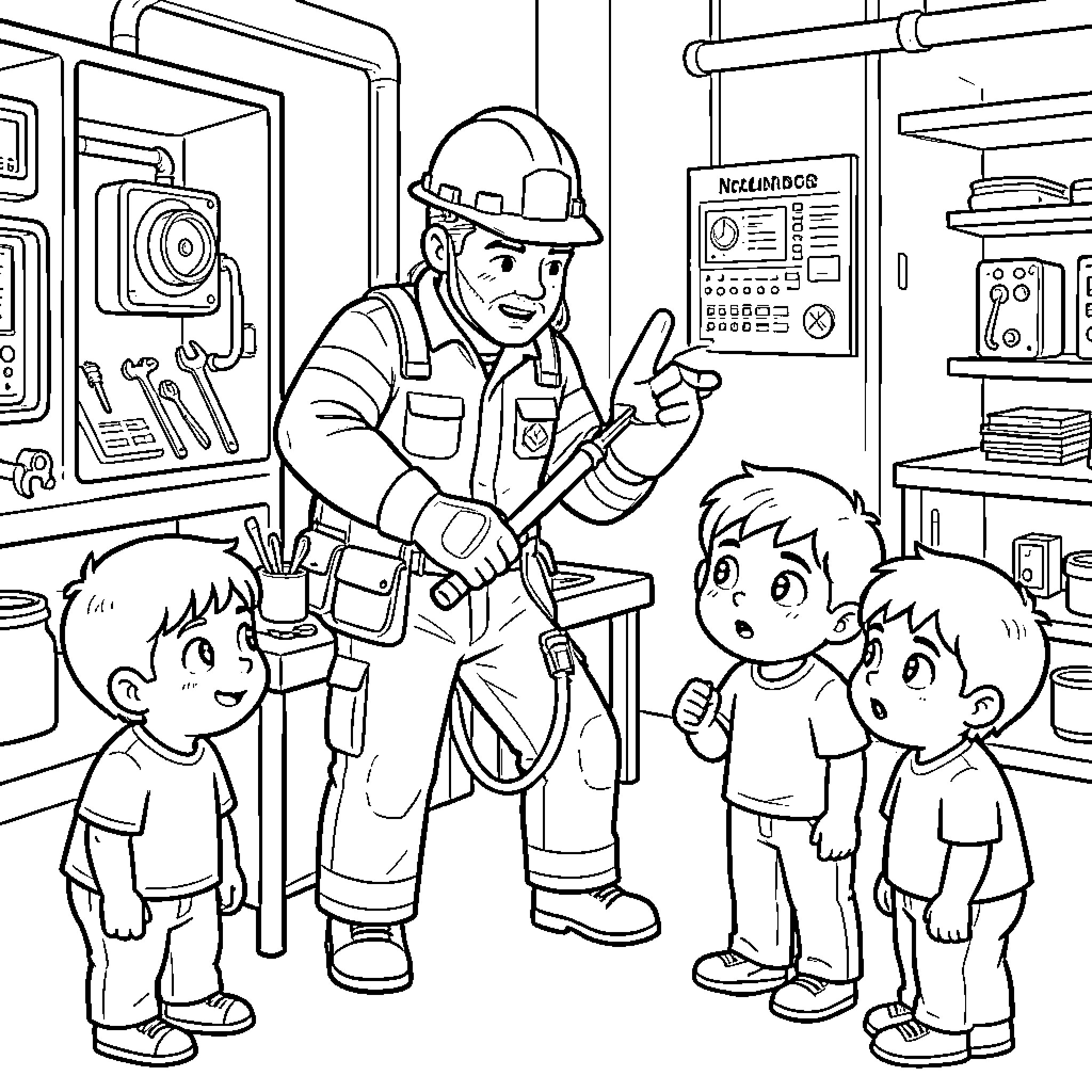 Nuclear Technician explaining machinery to curious children Coloring Page (free black-and-white line drawing printable PDF for all, from beginners to advanced learners, including children, teens, adults, and seniors)