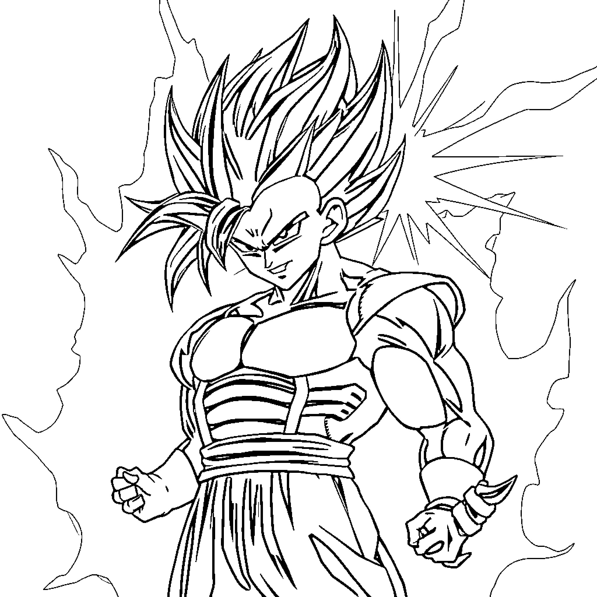 Vegeta in fierce battle stance Coloring Page (free black-and-white line drawing printable PDF for all, from beginners to advanced learners, including children, teens, adults, and seniors)