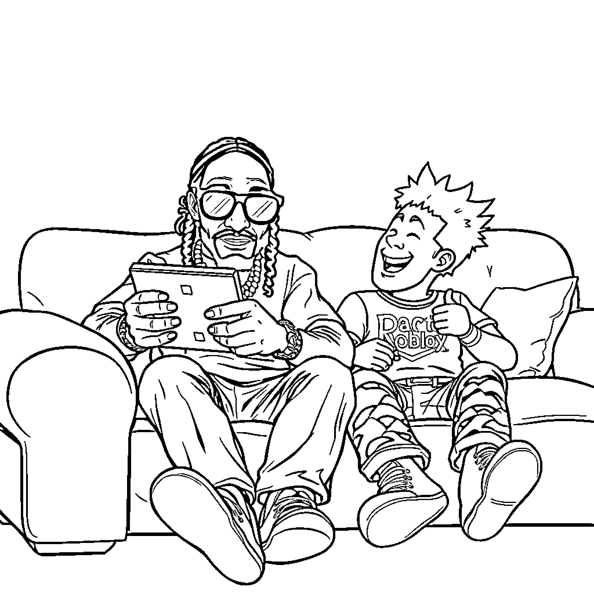 Snoop Dog and a young friend playing video games on the couch Coloring Page (free black-and-white line drawing printable PDF for all, from beginners to advanced learners, including children, teens, adults, and seniors)