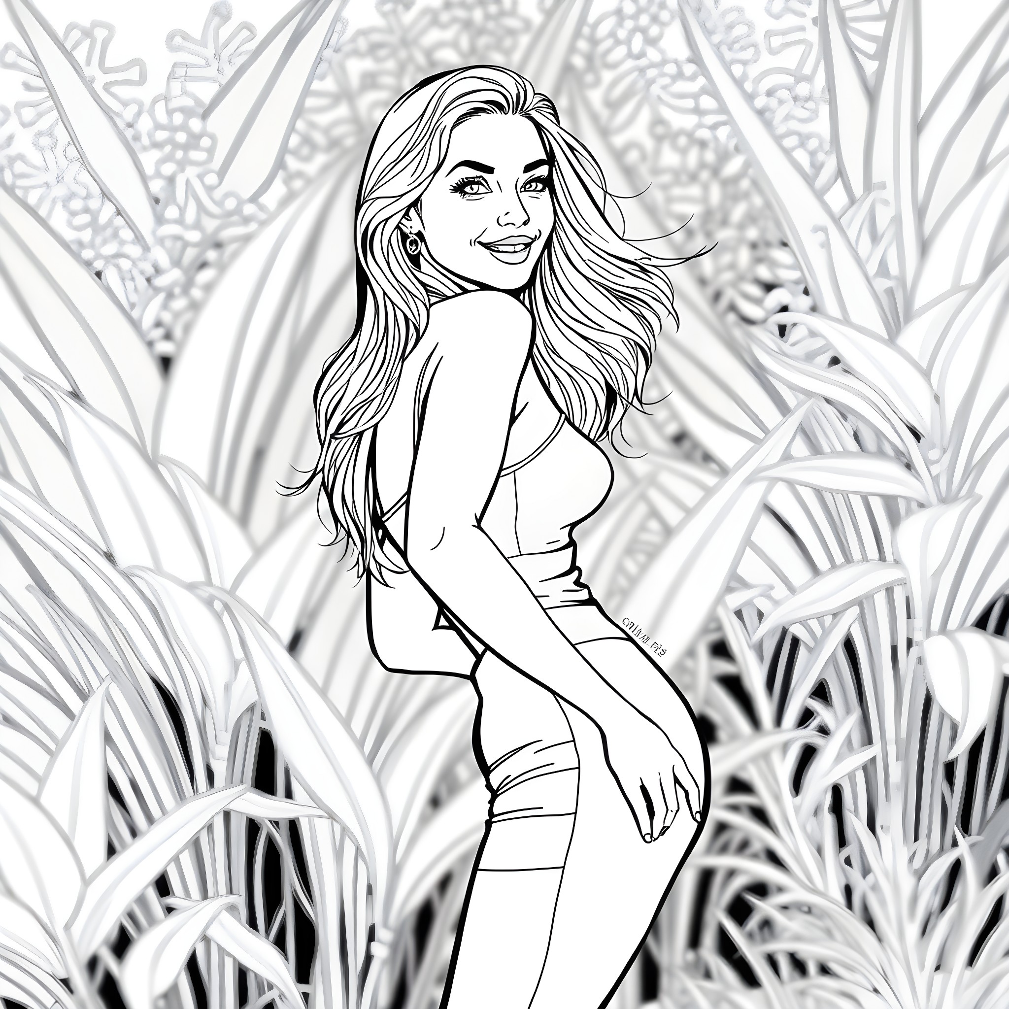 Woman in stylish outfit posing against tropical plants Coloring Page (free black-and-white line drawing printable PDF for all, from beginners to advanced learners, including children, teens, adults, and seniors)
