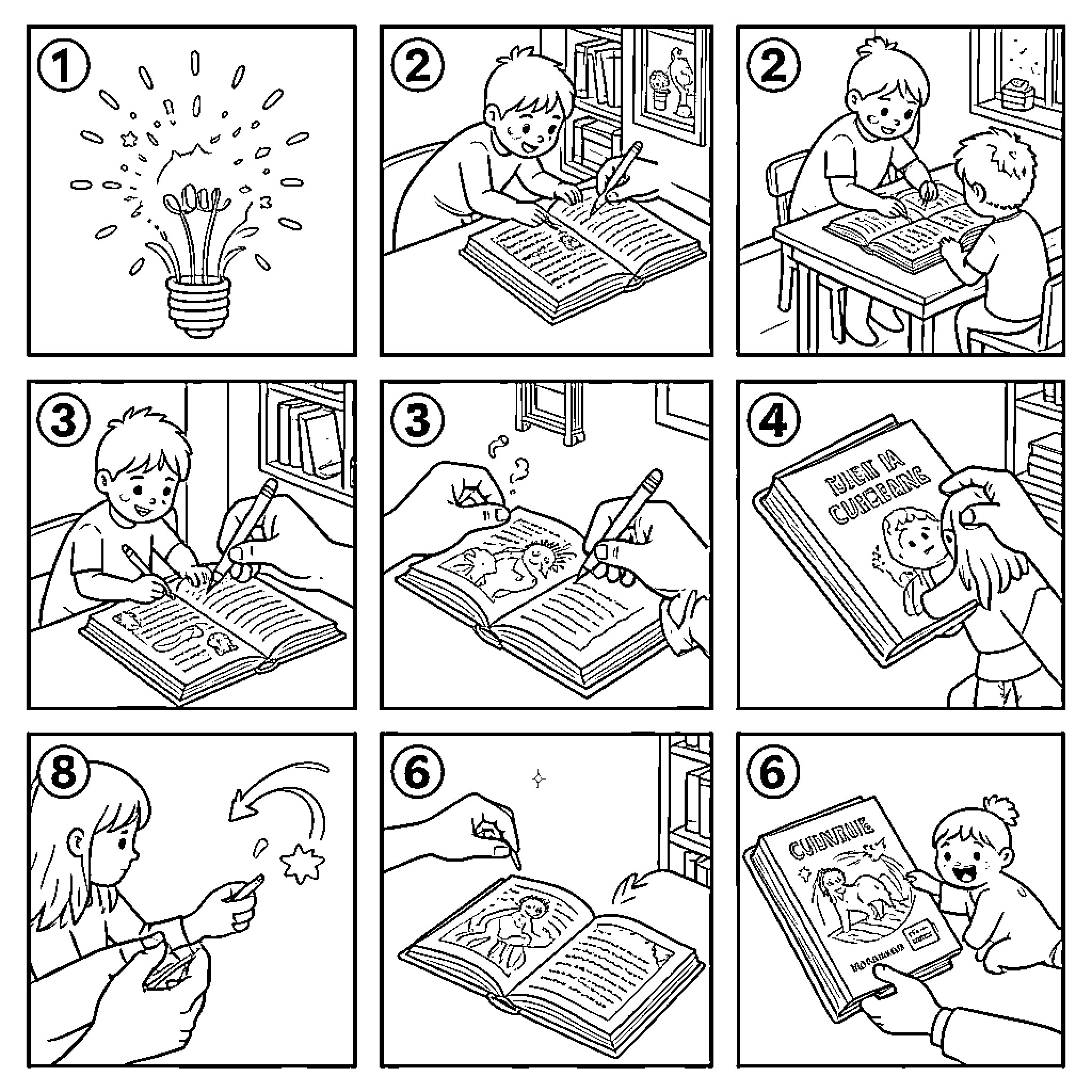 Cuento of a boy reading and discovering magical stories Coloring Page (free black-and-white line drawing printable PDF for all, from beginners to advanced learners, including children, teens, adults, and seniors)