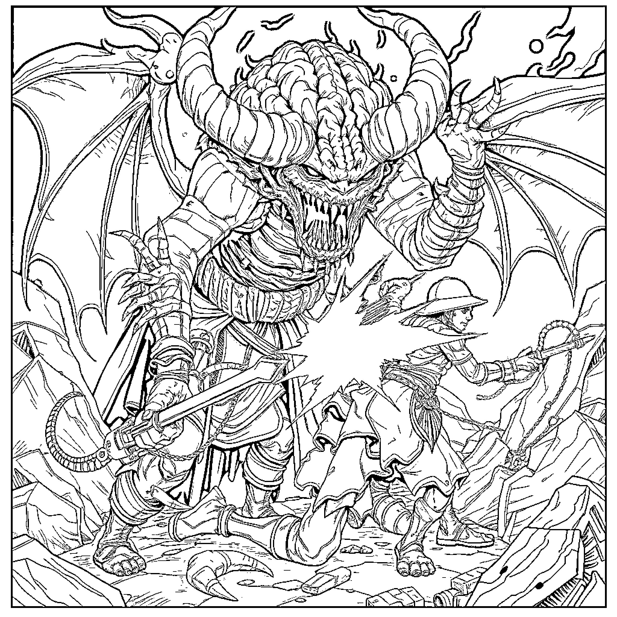 Demon Hunter Battles Ferocious Dragon in Treacherous Landscape Coloring Page (free black-and-white line drawing printable PDF for all, from beginners to advanced learners, including children, teens, adults, and seniors)