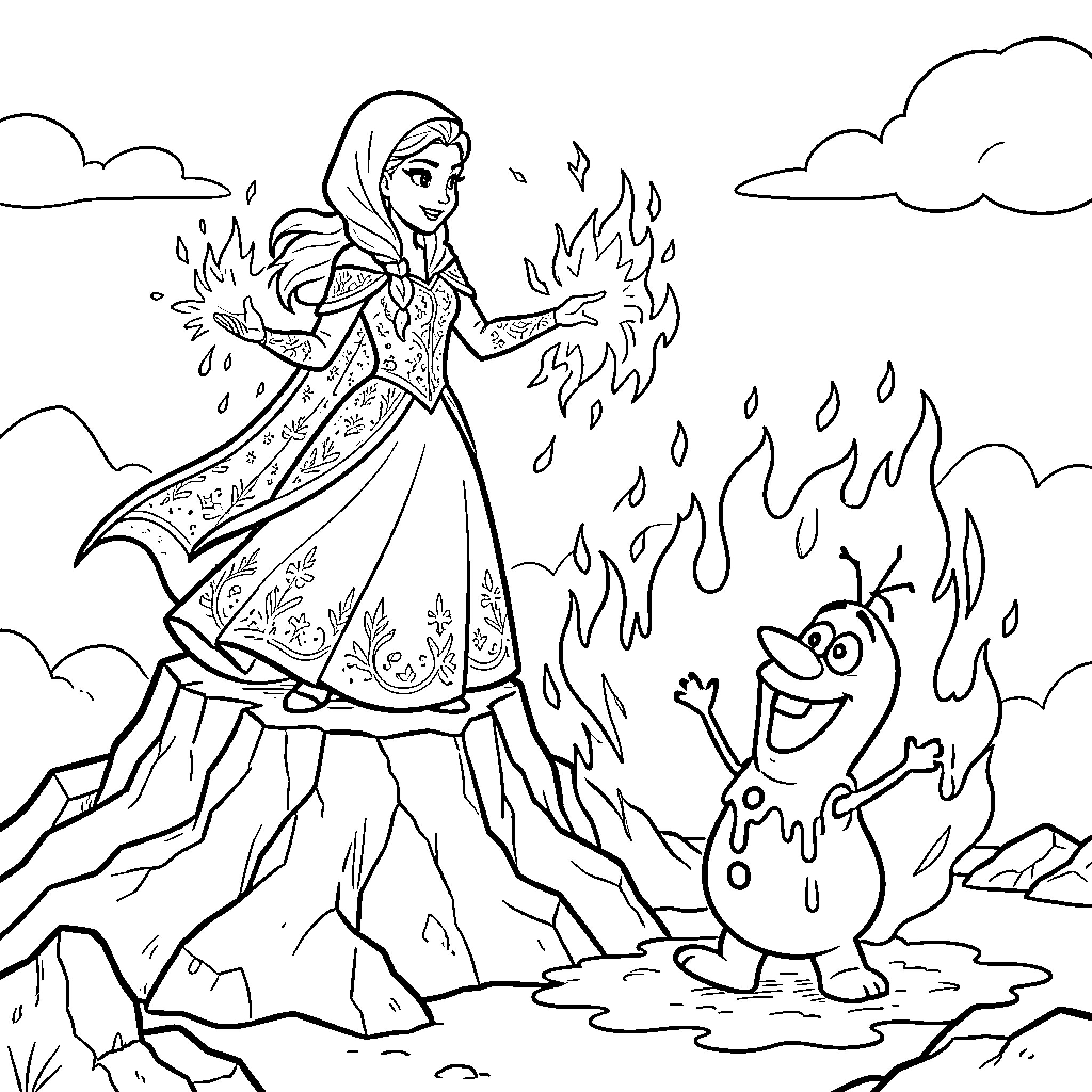 Elsa using magic powers near a melting snowman Coloring Page (free black-and-white line drawing printable PDF for all, from beginners to advanced learners, including children, teens, adults, and seniors)
