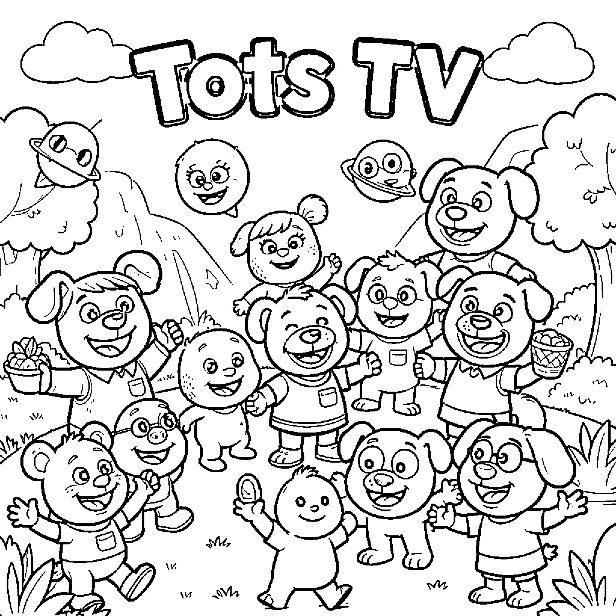 Tots TV characters enjoying a day outdoors Coloring Page (free black-and-white line drawing printable PDF for all, from beginners to advanced learners, including children, teens, adults, and seniors)