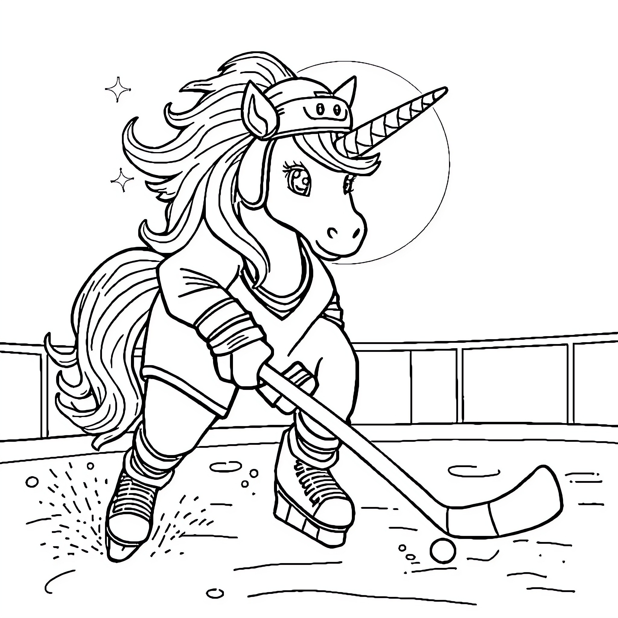 Unicorn hockey player skating on the rink Coloring Page (free black-and-white line drawing printable PDF for all, from beginners to advanced learners, including children, teens, adults, and seniors)