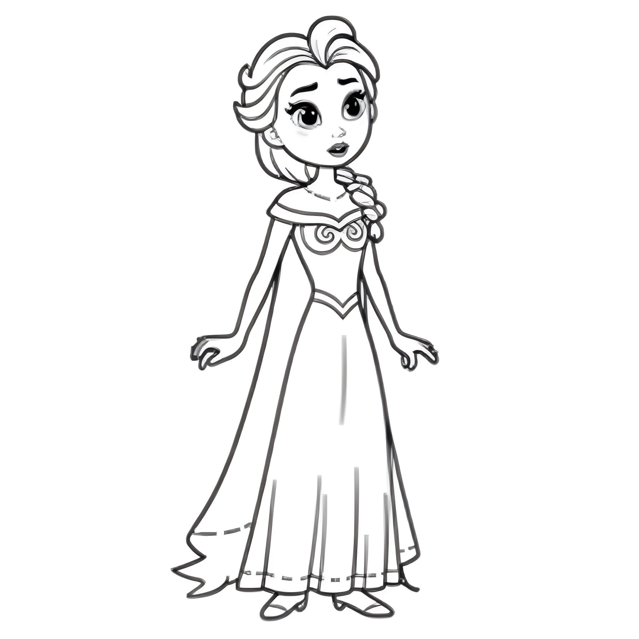 Elsa in a Detailed Dress Posing Gracefully Coloring Page (free black-and-white line drawing printable PDF for all, from beginners to advanced learners, including children, teens, adults, and seniors)