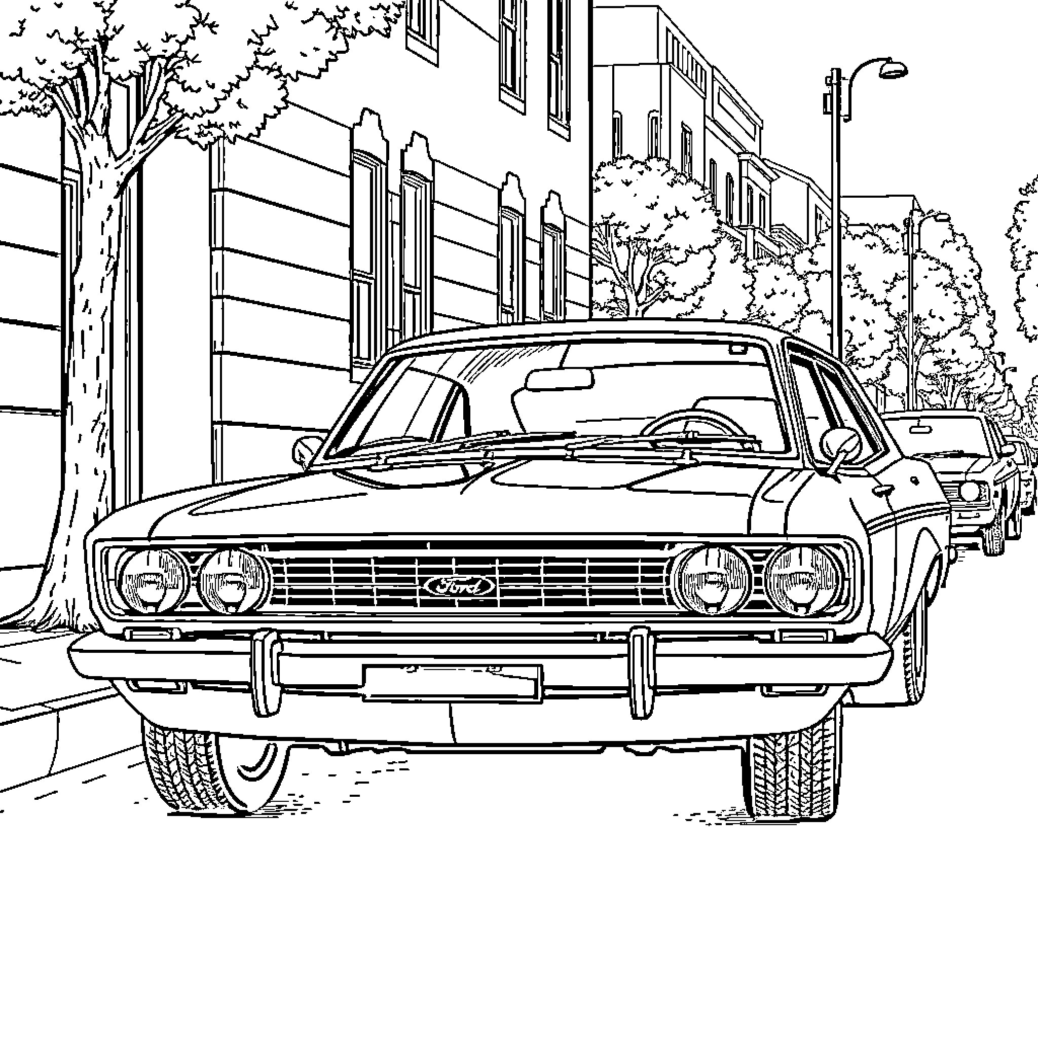 Ford Escort parked on city street Coloring Page (free black-and-white line drawing printable PDF for all, from beginners to advanced learners, including children, teens, adults, and seniors)