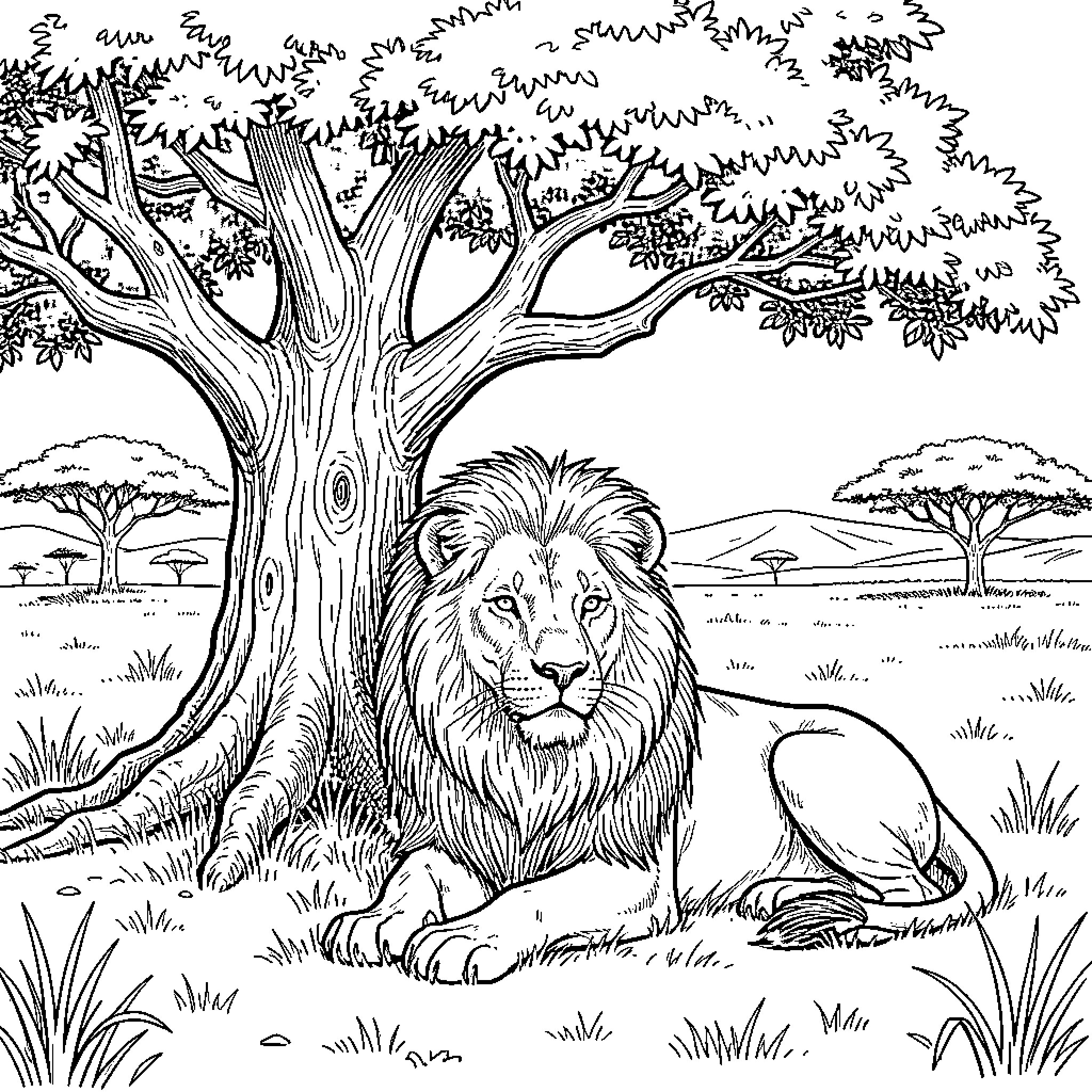 Lion resting peacefully in the serene wilderness Coloring Page (free black-and-white line drawing printable PDF for all, from beginners to advanced learners, including children, teens, adults, and seniors)