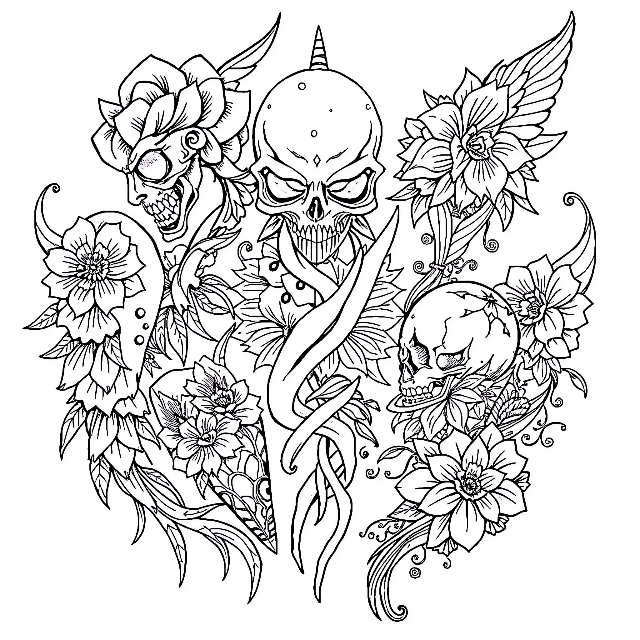 Tattoo with Skulls, Flowers, and Ornate Designs Coloring Page (free black-and-white line drawing printable PDF for all, from beginners to advanced learners, including children, teens, adults, and seniors)
