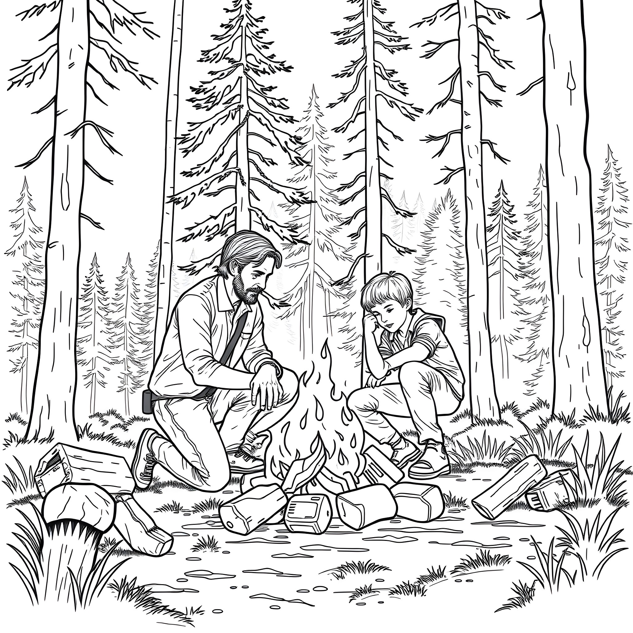 Rick Grimes camping in the forest with a companion Coloring Page (free black-and-white line drawing printable PDF for all, from beginners to advanced learners, including children, teens, adults, and seniors)