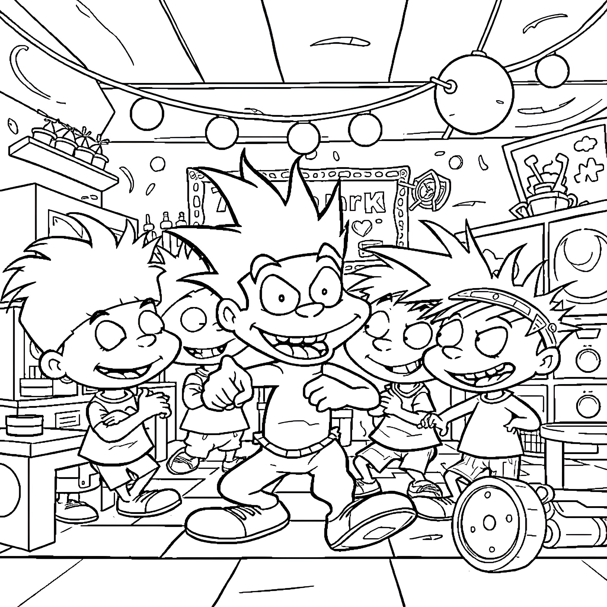 Dexter's Chaotic Celebration with Friends Coloring Page (free black-and-white line drawing printable PDF for all, from beginners to advanced learners, including children, teens, adults, and seniors)