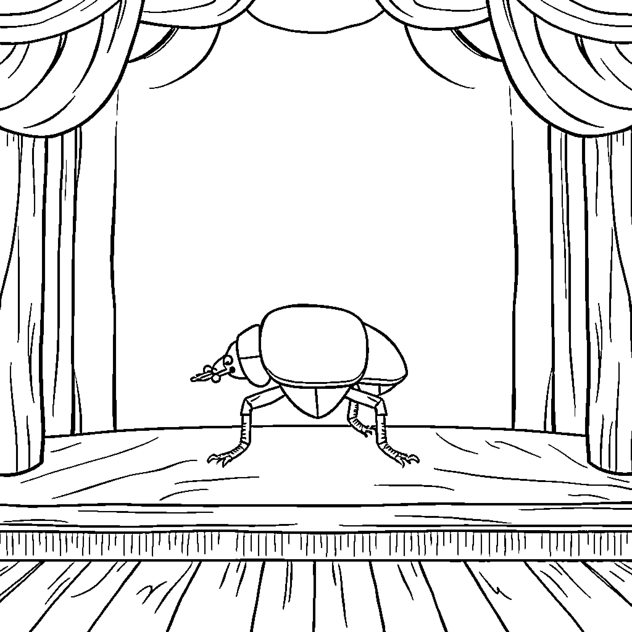 Beetle performing on stage in the spotlight Coloring Page (free black-and-white line drawing printable PDF for all, from beginners to advanced learners, including children, teens, adults, and seniors)