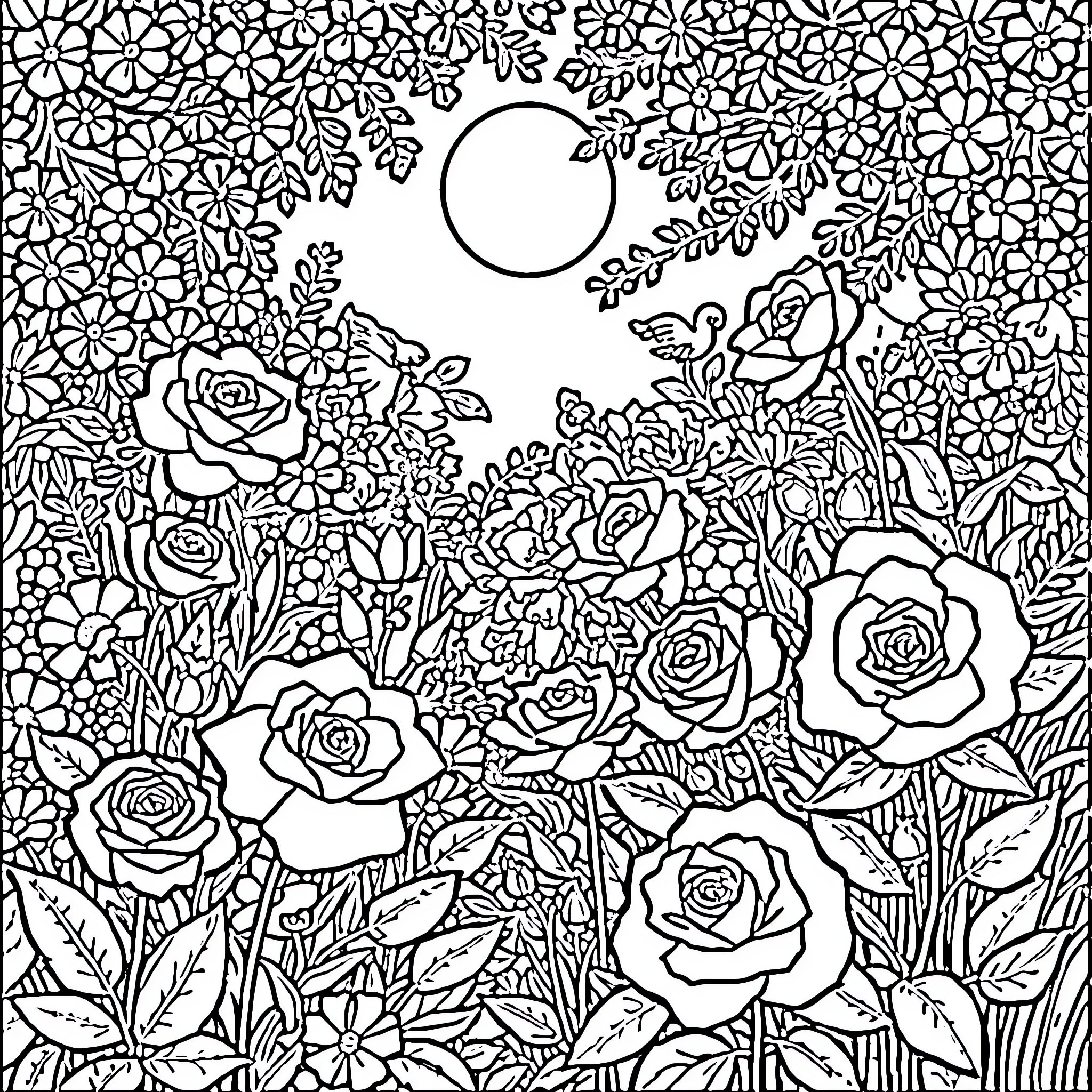 Flower garden with moon and blooming roses Coloring Page (free black-and-white line drawing printable PDF for all, from beginners to advanced learners, including children, teens, adults, and seniors)