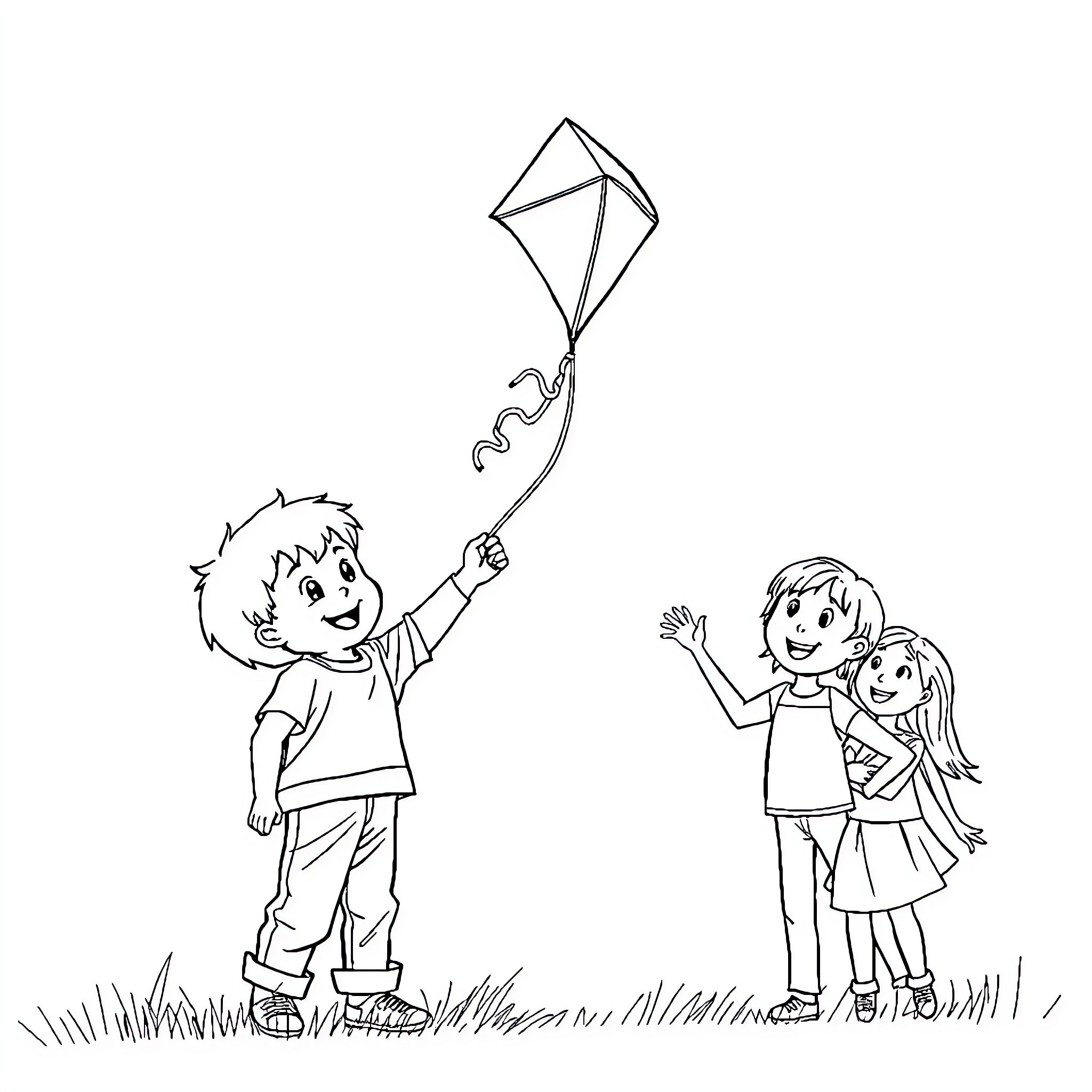 Child playing with kite and friends outdoors Coloring Page (free black-and-white line drawing printable PDF for all, from beginners to advanced learners, including children, teens, adults, and seniors)