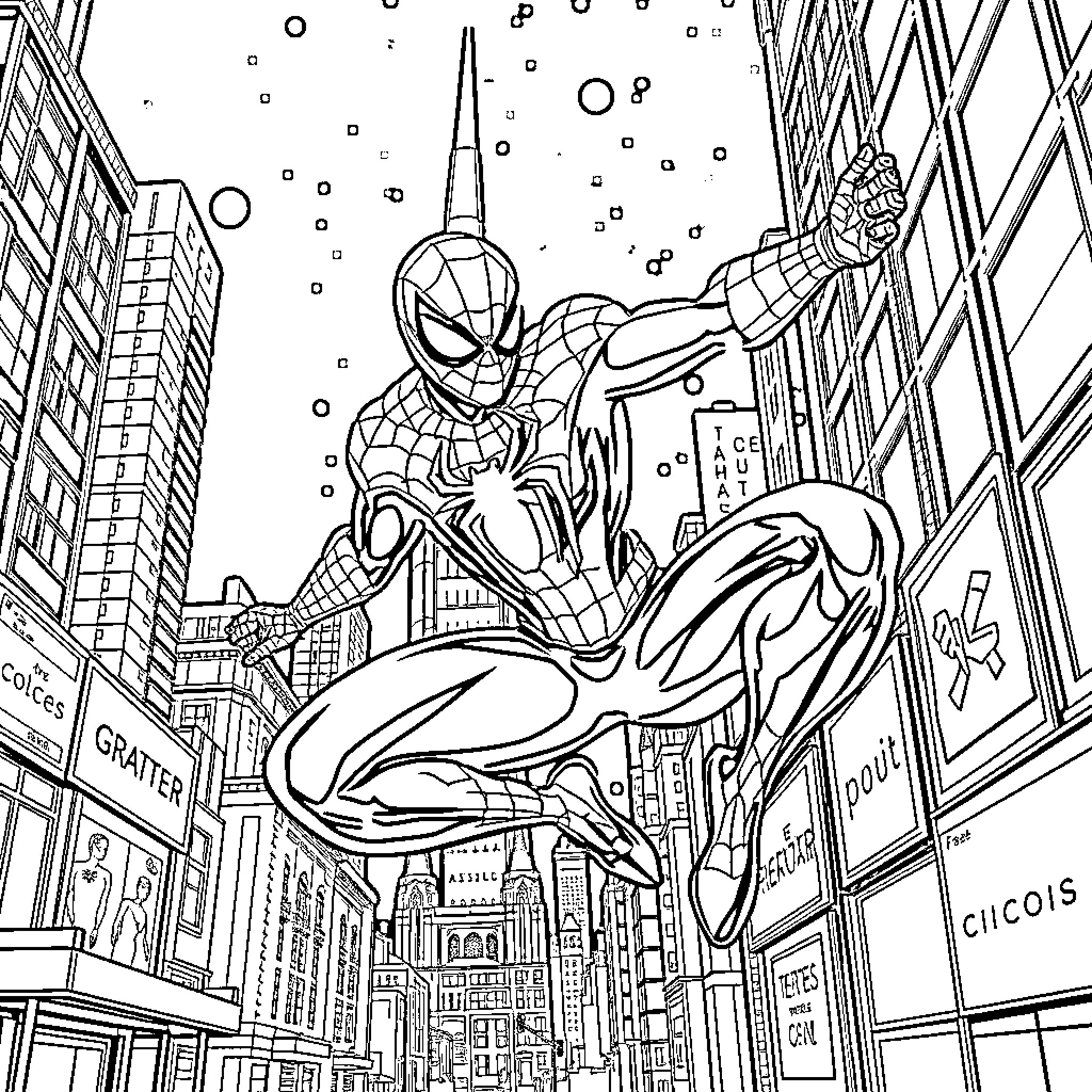 Spiderman swinging through the city skyline Coloring Page (free black-and-white line drawing printable PDF for all, from beginners to advanced learners, including children, teens, adults, and seniors)