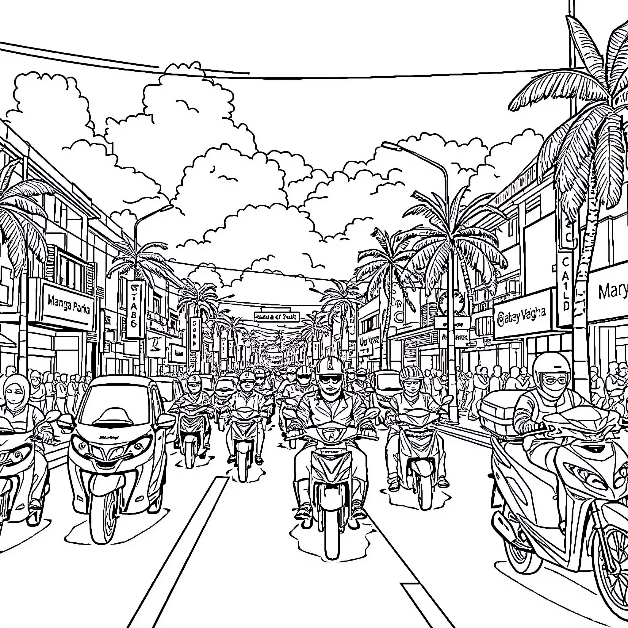 Street scene with busy traffic and pedestrians Coloring Page (free black-and-white line drawing printable PDF for all, from beginners to advanced learners, including children, teens, adults, and seniors)