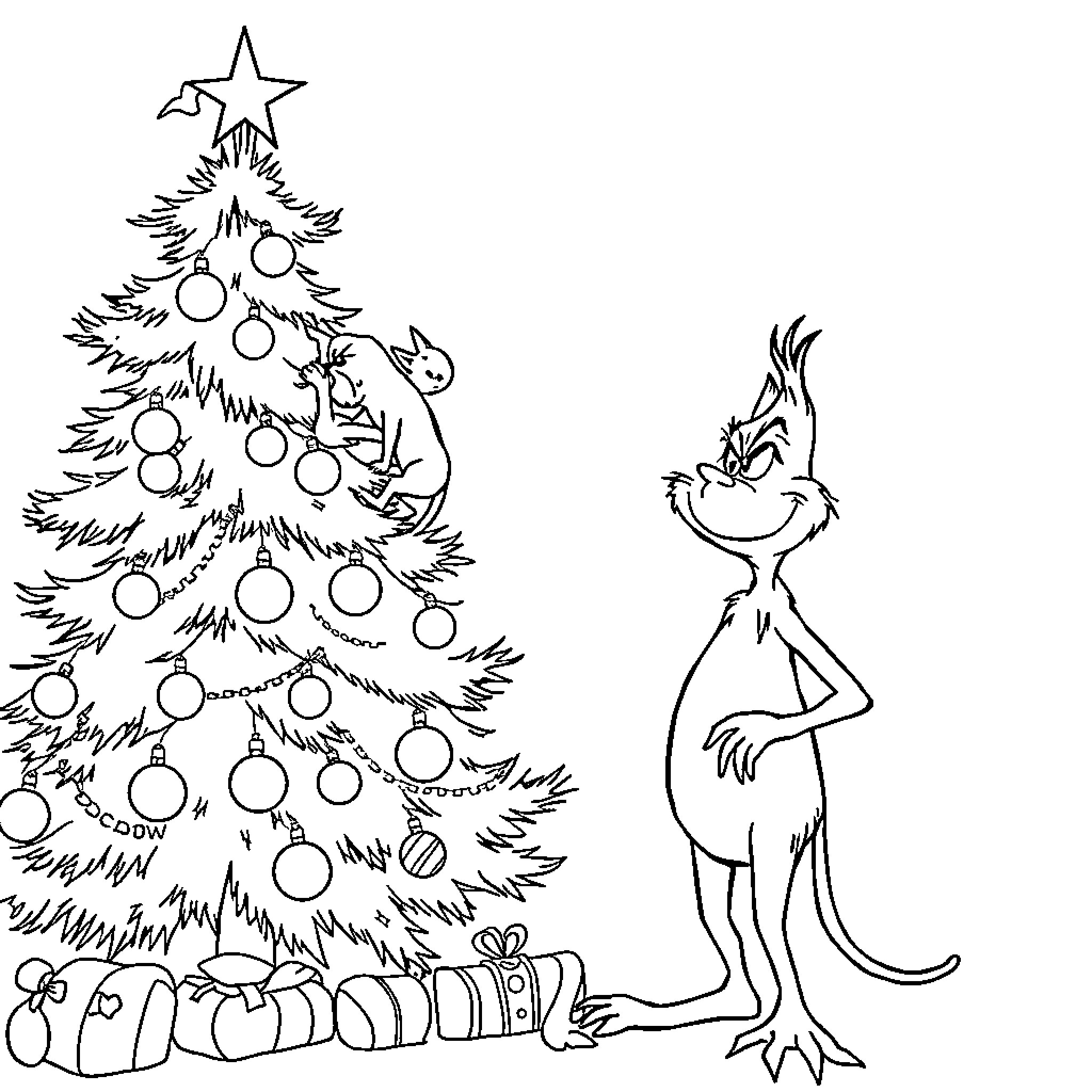 Cat decorating festive Christmas tree Coloring Page (free black-and-white line drawing printable PDF for all, from beginners to advanced learners, including children, teens, adults, and seniors)