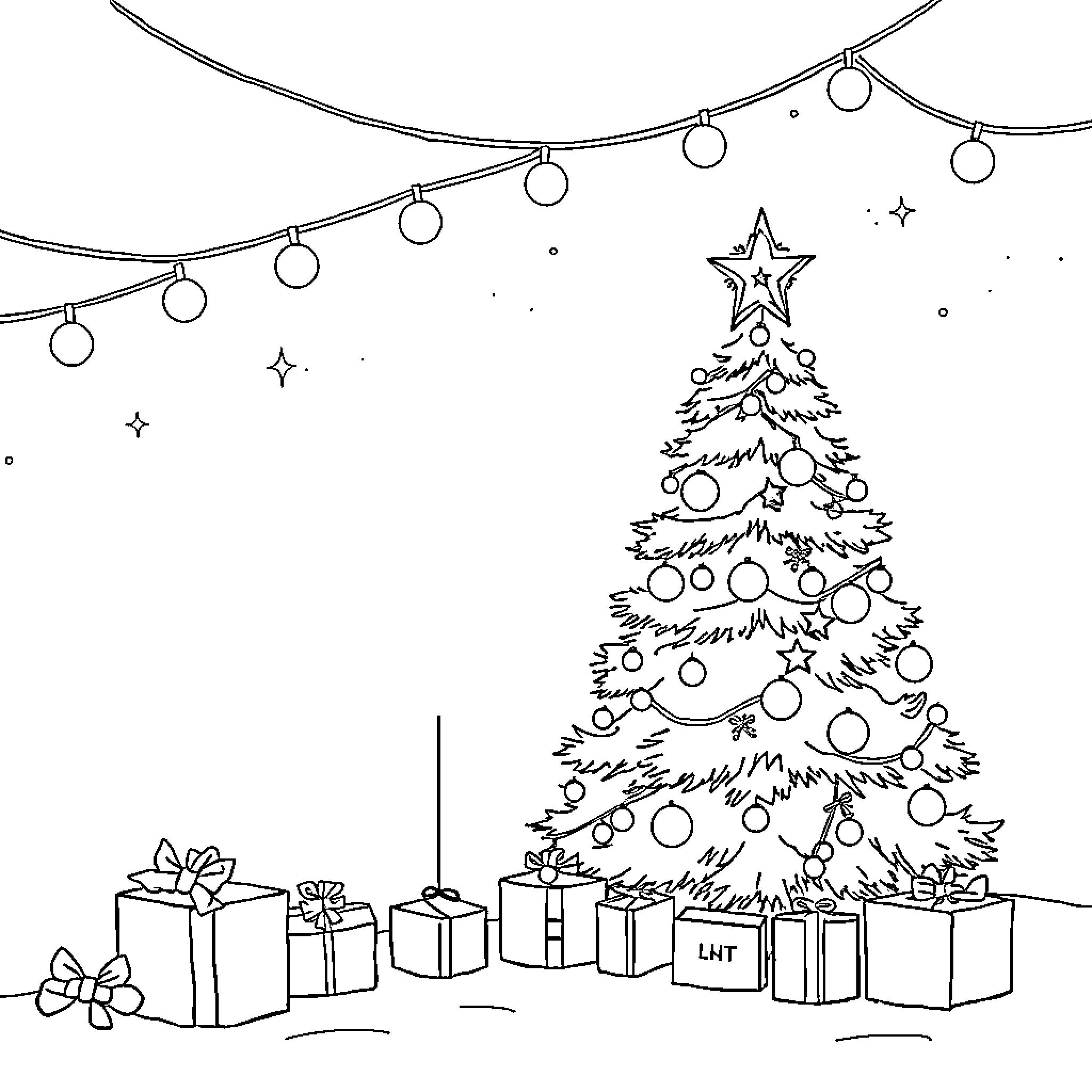 Christmas scene with decorated tree and presents Coloring Page (free black-and-white line drawing printable PDF for all, from beginners to advanced learners, including children, teens, adults, and seniors)