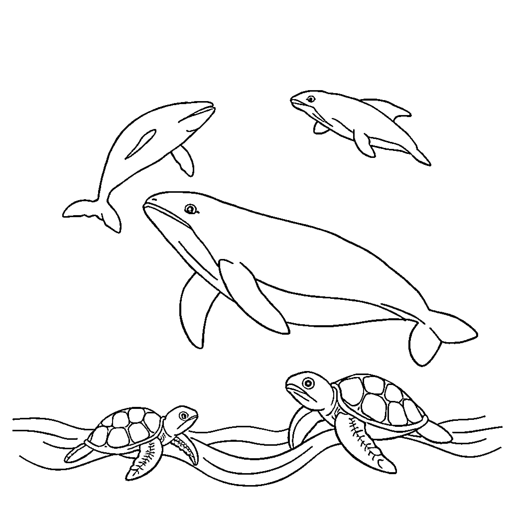 Whale silhouettes and sea turtles swimming Coloring Page (free black-and-white line drawing printable PDF for all, from beginners to advanced learners, including children, teens, adults, and seniors)