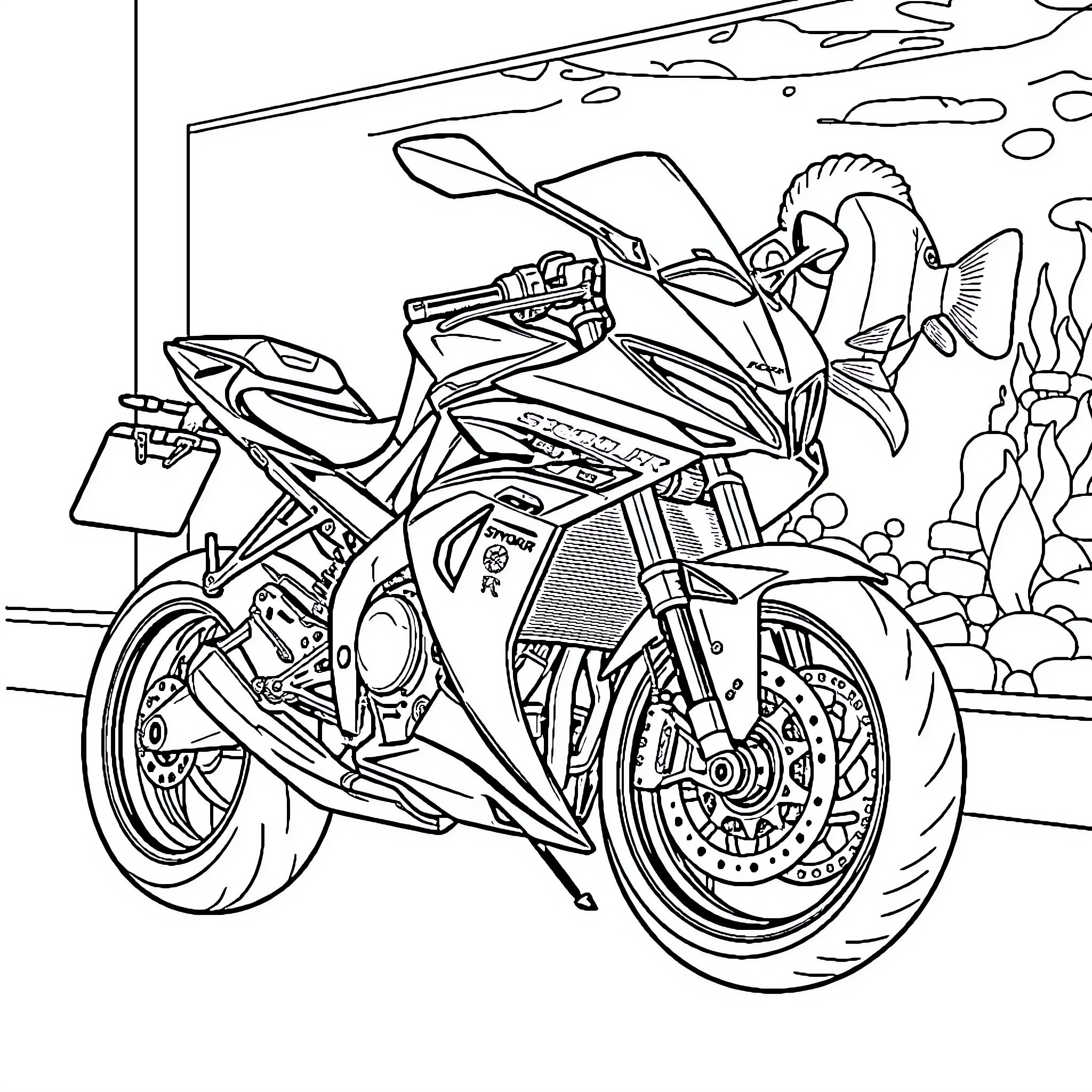 Oscar Fish Motorcycle Speeding Amidst Underwater Scenery Coloring Page (free black-and-white line drawing printable PDF for all, from beginners to advanced learners, including children, teens, adults, and seniors)