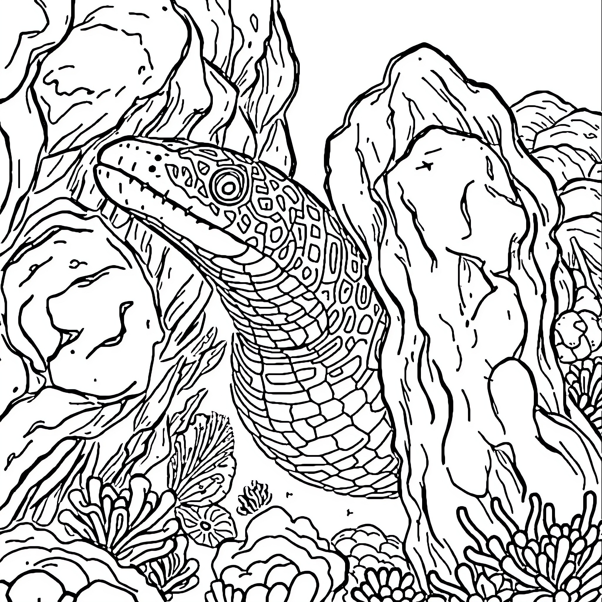 Moray Eel emerges from colorful reef Coloring Page (free black-and-white line drawing printable PDF for all, from beginners to advanced learners, including children, teens, adults, and seniors)