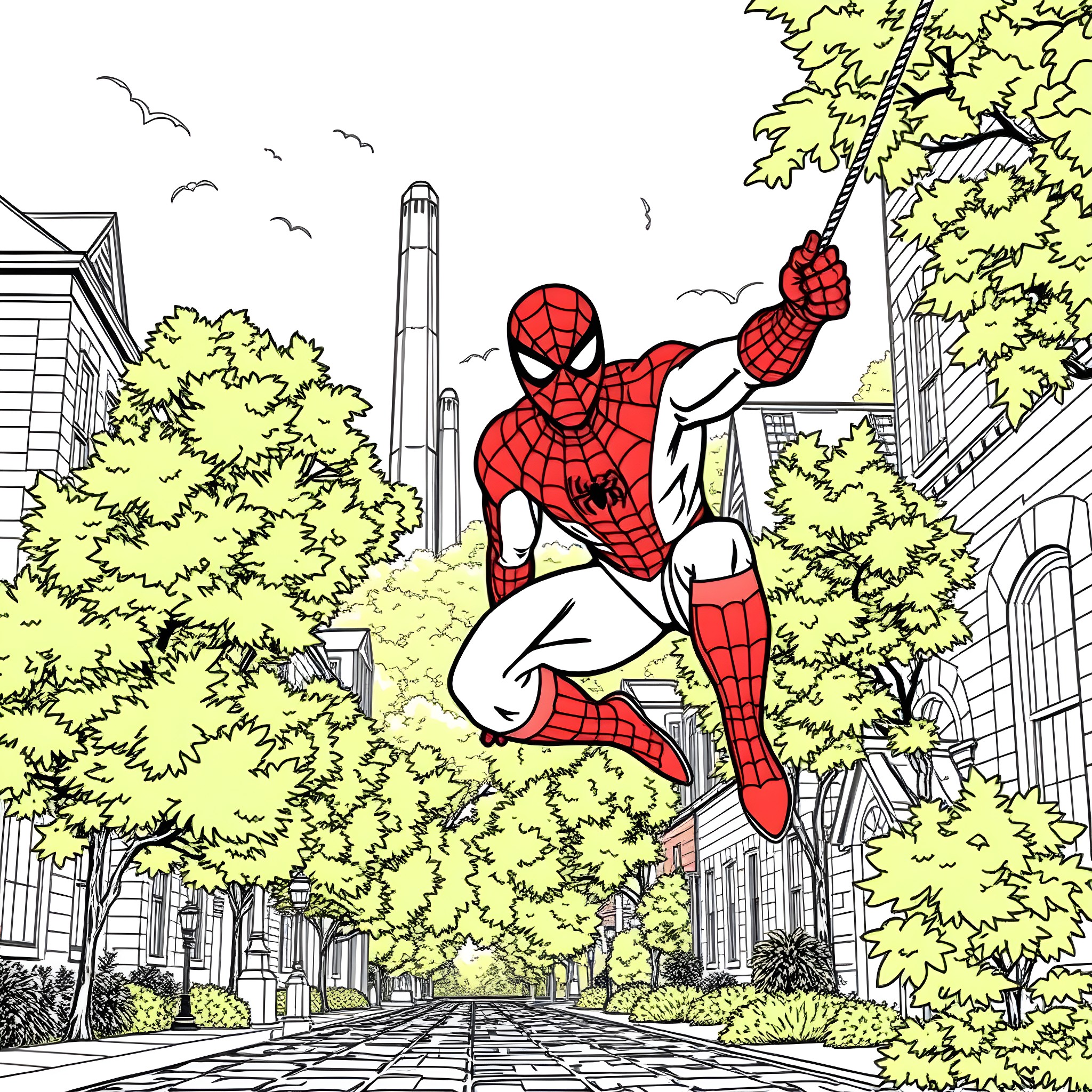 Spiderman swinging through the city streets Coloring Page (free black-and-white line drawing printable PDF for all, from beginners to advanced learners, including children, teens, adults, and seniors)